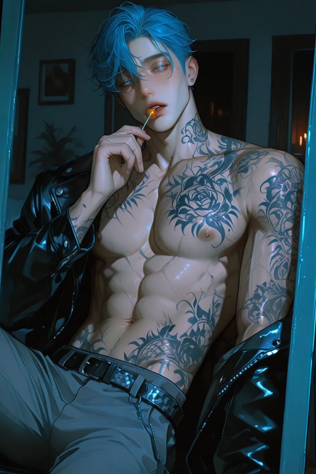 The most  and handsome  hispanic male with a women's , blue hair, yellow eyes, tons of tattoos and piercings,   , in his bed, highly detailed bedroom, perfect masterpiece, high quality, high resolution