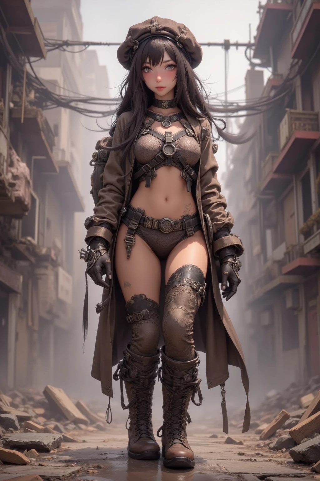 Beautiful woman colored hair, sitting cross-legged ???? black golden ?????, high combat military boots, muscular, long ??????? cyberpunk style realistic detailed