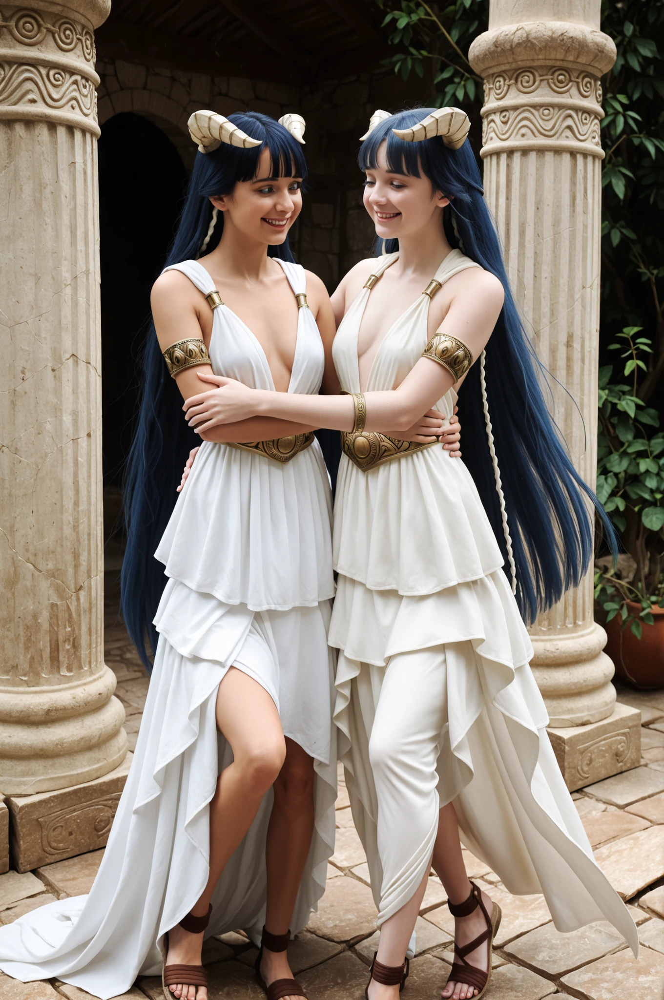 2girls, Saphir Maasa, 150cm, blunt bangs, very long hair, dark blue hair, blue eyes, hair tubes, horns,ancient Greek clothes, small breasts, sleeveless dress, white dress, armlet, belt, sandals, hugging her twin sister, embrace, tearful happy, outdoors, in fully view in a highly detailed photorealistic style
