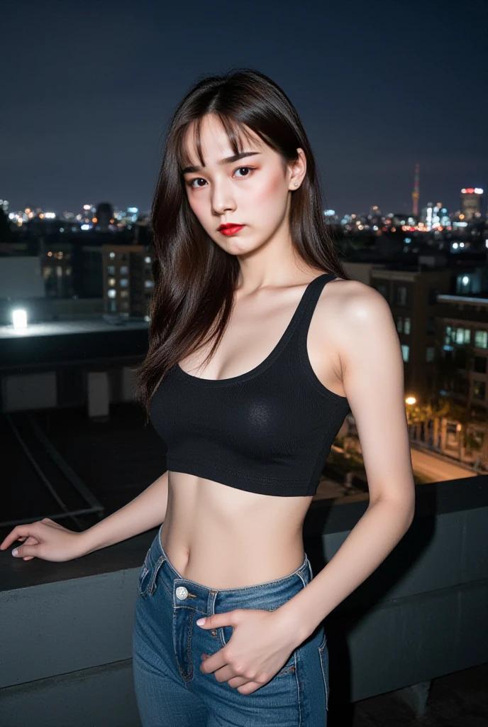 masterpiece, Best Quality, 8K, 1girl, good hand, 14 yo, lively, active, life force, luminescence, Looking away, Raw photo, F/1.8, 135 mm, NIKON, Anatomically correct, bokeh，Textured skin, Professional Photography, Portrait, Soft light, Professional Lighting, Solo, (Smile), Cute, Girly, Film grain, (Eyes and faces with detailed:1.0), 8k wallpaper, Tank top, pants, amusement park