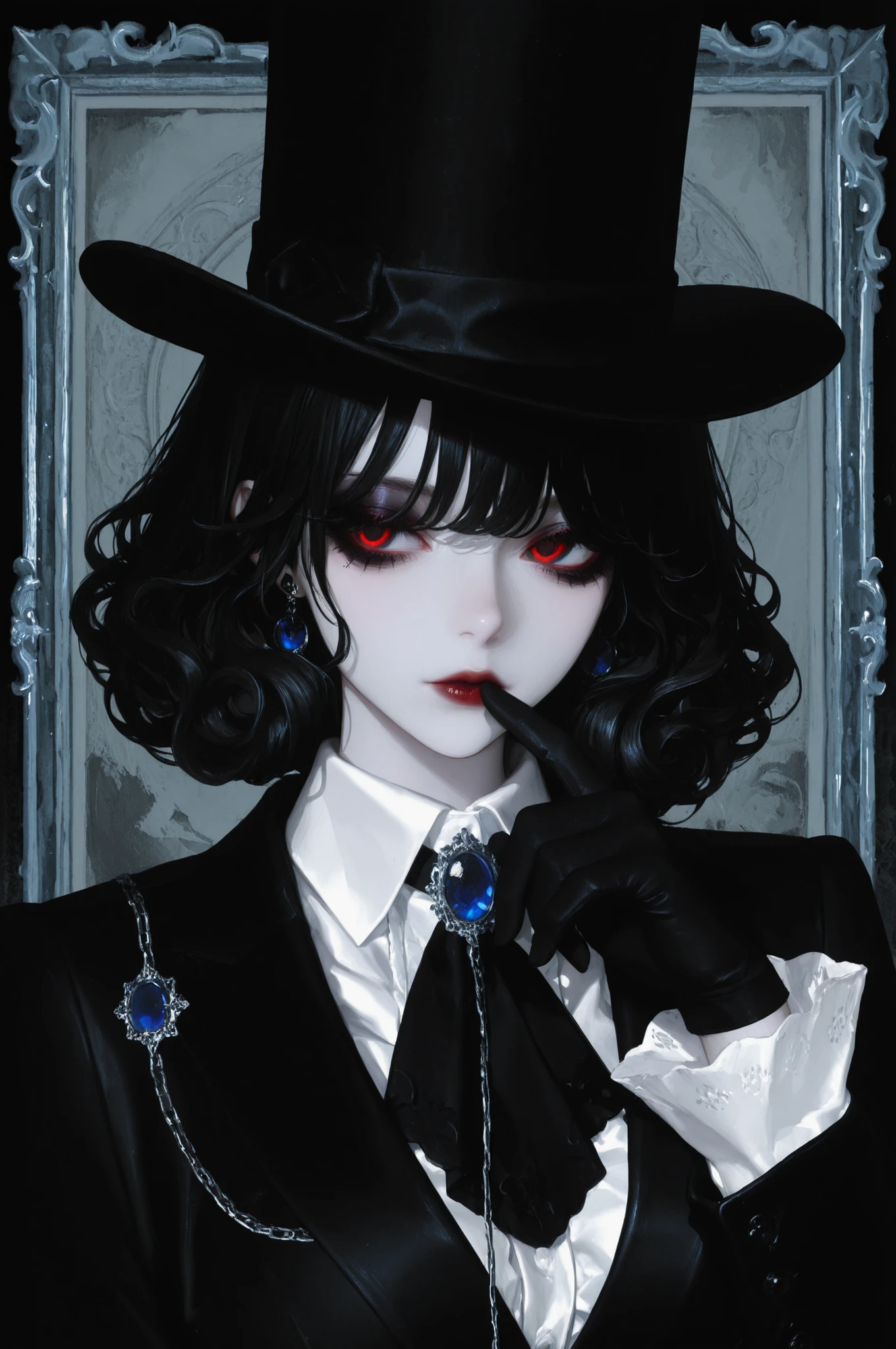 A highly detailed digital illustration of a mysterious woman with striking red, curly hair, partially covered by a large, dramatic black top hat. She has piercing, intense eyes with dark makeup, a pale complexion, and a contemplative expression, with her finger gently touching her lips. She is dressed in a gothic-inspired outfit with a high-collared white shirt, adorned with a large, ornate blue gemstone brooch, black gloves, and layered chains. The background is muted and abstract, emphasizing her enigmatic presence. The overall style is dark, elegant, and slightly surreal, with a focus on contrast and intricate details.