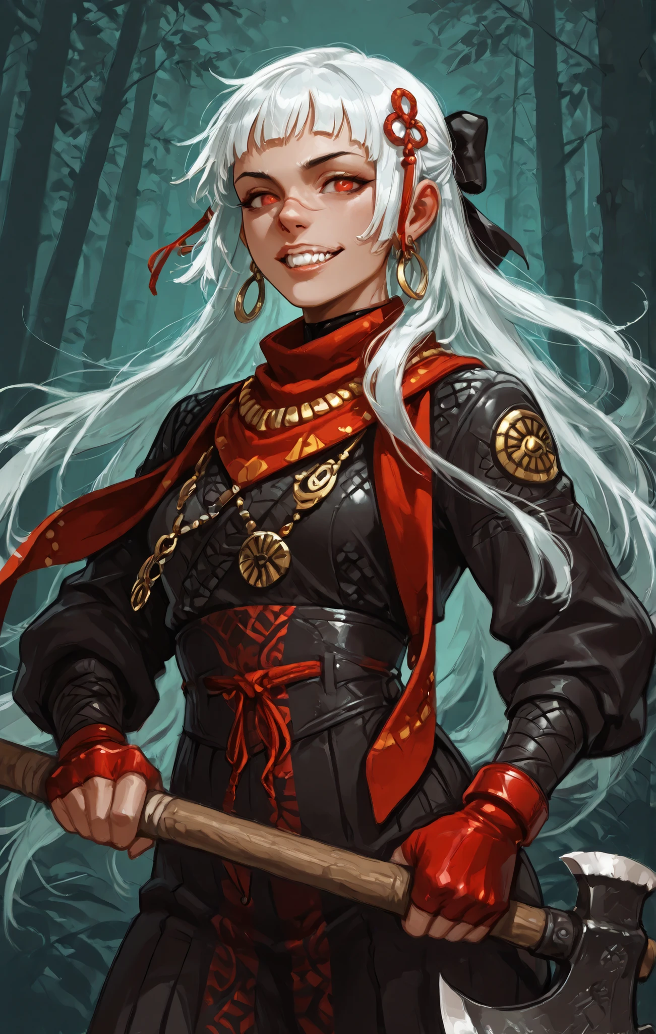 She looks like Elena from Street Fighter and has a horizontal scar across her nose. Inca girl with white dreadlocks with black highlights and silver pearls, red eyes, slanted Asian eyes, sharp canine teeth, black eyeliner, athletic body. Slender and athletic. Cute, round and young face. White highlights in her hair. She wears a tough snakeskin-leather red and black Goth battle-dress with snakeskin-pattern (like the outfit of Okita Souji from FGO), with red vertical stripes. She also wears an amber necklace. She has a small smile on her face. She's holding an indiginous axe made of carved wood and bone. Atmospheric lighting. Looking at the viewer. Background: Aztec jungle, hdr colours, semi-realistic