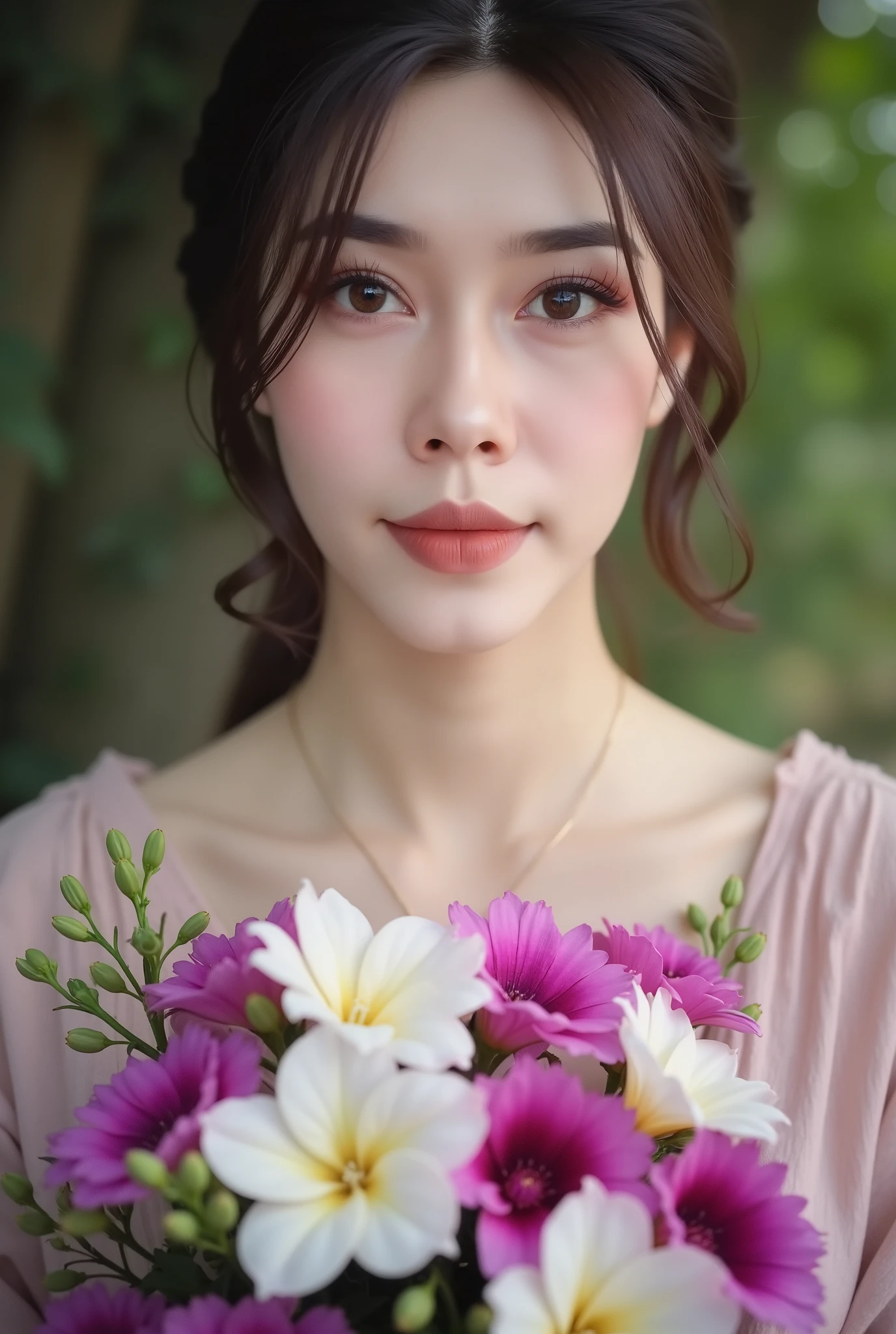A beautiful woman holding a bouquet of lisianthus (Eustoma) flowers, realistic style, soft natural lighting, delicate facial features, smooth skin, detailed petals with shades of white, pink, and purple, cinematic composition, high resolution, ultra-detailed, photorealistic, elegant and serene expression