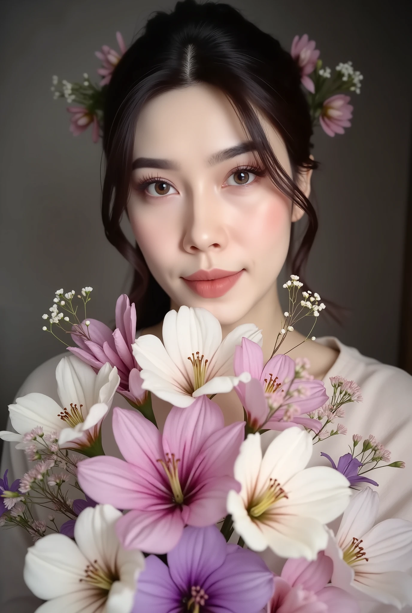 A beautiful woman holding a bouquet of lisianthus (Eustoma) flowers, realistic style, soft natural lighting, delicate facial features, smooth skin, detailed petals with shades of white, pink, and purple, cinematic composition, high resolution, ultra-detailed, photorealistic, elegant and serene expression