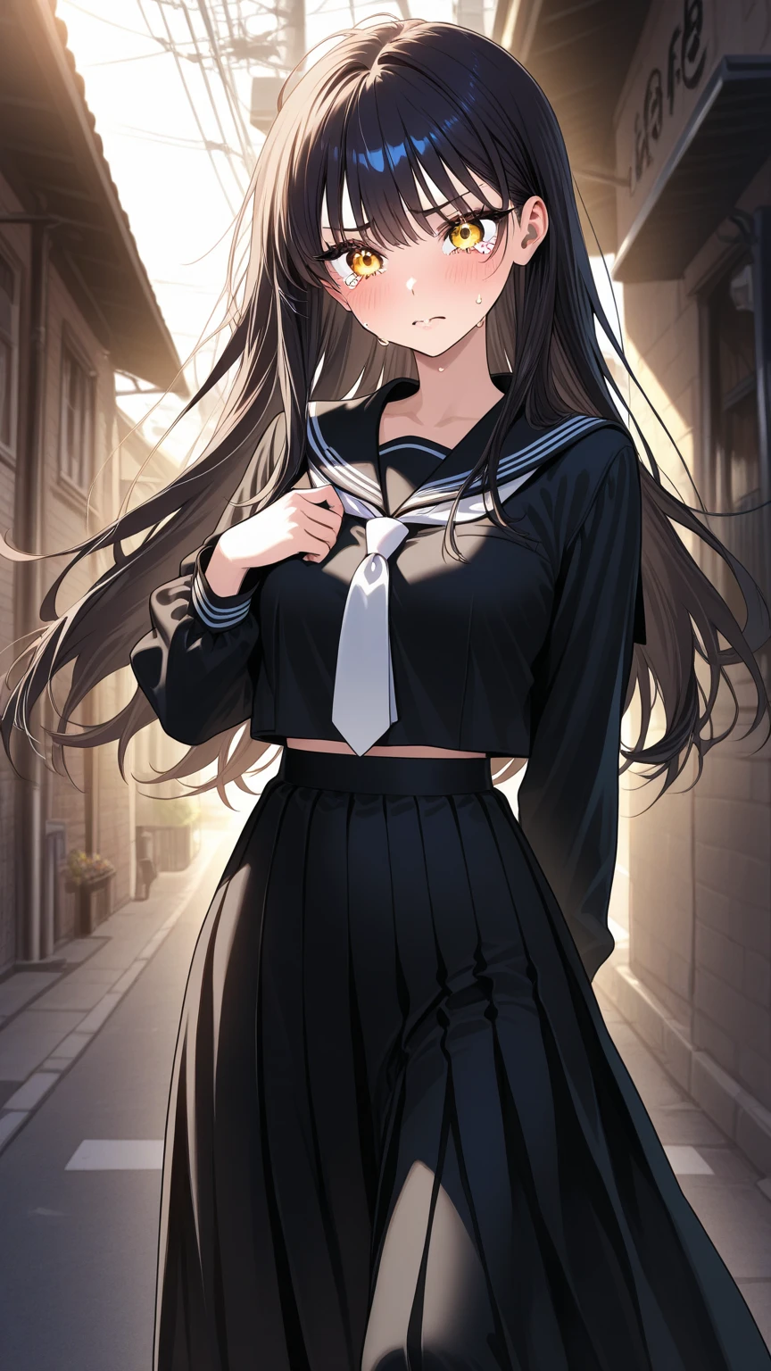 A 14-year-old middle school girl with long black hair wearing a school uniform who lifts up her skirt to reveal white .
