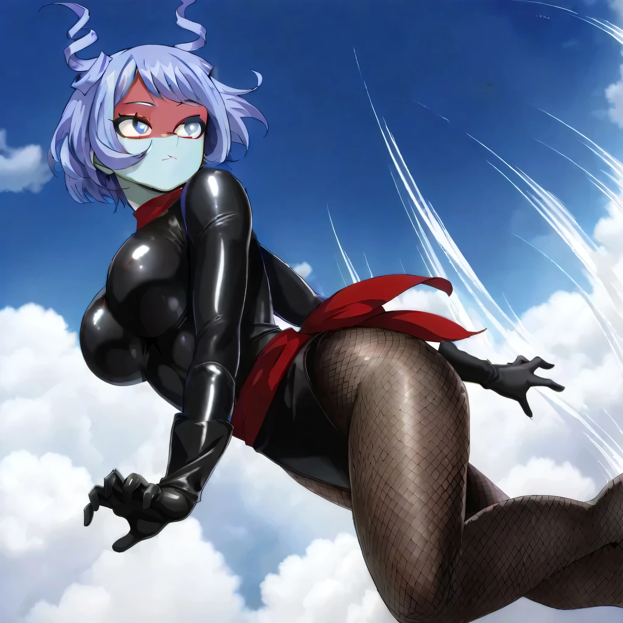 (((Masterpiece))), (((Best Quality))), ((Super Detail)), ultra-High resolution, score_9,score_8_up,score_7_up,score_6_up,score_5_up,score_4_up, BREAK, source_anime, anime screencap, uncensored, Masterpiece, (best shadow), (absurdres), (detailed background), (very aesthetic), detailed beautiful eyes, outstanding, an exquisite animation illustration, curvy, highres, shiny clothing, dark persona, empty eyes, blank eyes, shocker, black leotard, latex elbow gloves, brown fishnet pantyhose, (((red skin))), colored skin, red sash, makeup, red skin, (((solo, 1girl))), hair ornament, seductive pose, submissive pose, anime style, anime coloring, animification, megami magazine, sexy pose, dynamic angle, cinematic angle, dutch angle, dynamic composition, large breast, nejire hadou, hado nejire, hadou nejire, blue eyes, blue hair, short hair, white pupils, bangs, hair horns, drill hair, closed mouth, expressionless, emotionless, looking from side, view from side, from side, blue sky, sky,cloud, dappled light, sunbeam, fighting, fighting stance, dynamic pose, action pose, claw pose, wind, windy, speed line, motion line, full body, feet out of frame