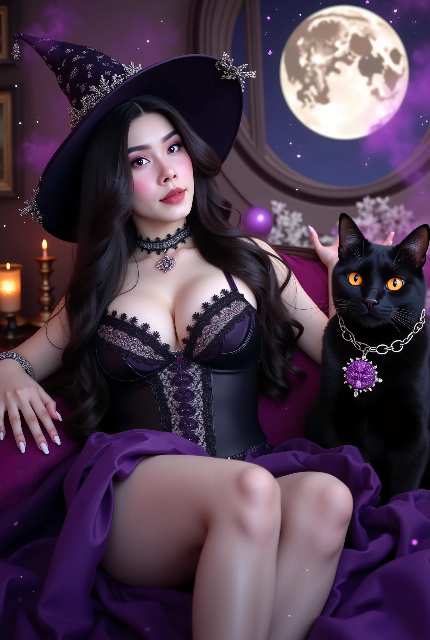 masterpiece, Ultra HD, top quality  young witch, long black hair, Purple Eyes,  face, Sensual smile,
, deep black corset dress showing deep  {x}, 
waist accentuating silhouette, The lace decoration , Sparkling Jewel Embellishment,  choker, wide-brimmed witch hat, Silver decoration, jewels reflecting in the moonlight,
elegant reclining posture,  pose,  expression, Big black cat, golden eyes, Shiny black fur, Moment of Decision ,
magic necklace on the cat's neck, purple magic pattern, witch's library background, old magic book, magic candle, Correction ball,
full moon seen through a round window, Starry Night Sky, floating magic dust, Purple Magic Particles, Mysterious Smoke,
Shining scales , Moonlight Shadow , sensual atmosphere, gothic fantasy style, Detailed Details,  Warm colors , Enchanting Atmosphere