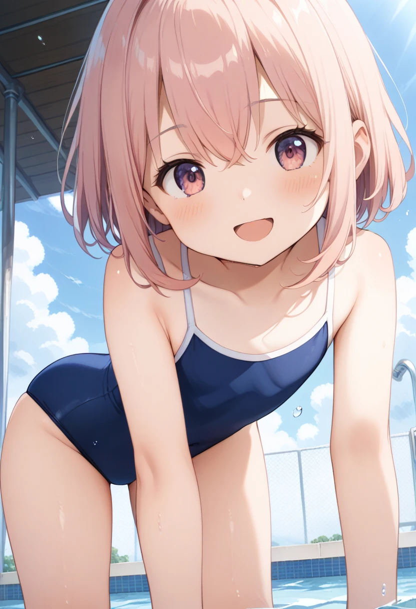 masterpiece, best quality, highres, hmochako, blush stickers, short hair, extra small breasts, pink  croptop, open-toe platform high heels, tight , smile, open mouth, sunny sky, posing, legs spread apart