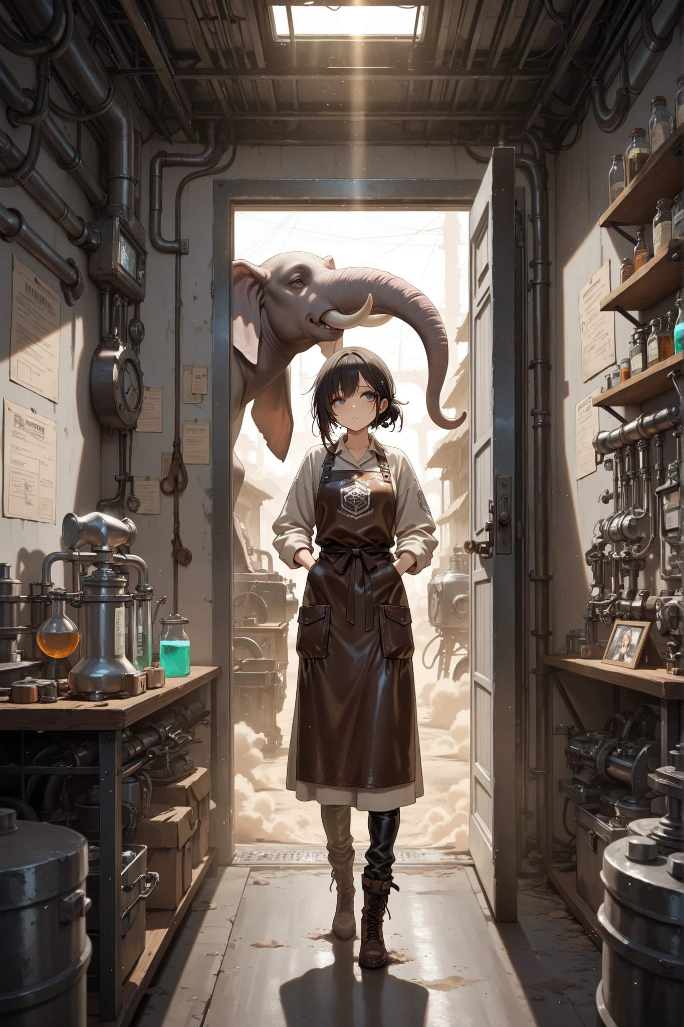 best quality, photography, finely detail, 1girl, focused wasteland alchemist in makeshift laboratory, young elephant following her movements curiously, woman extracting samples from elephant's tusks, industrial salvaged equipment, converted bunker with reinforced walls, elephant-sized doorway, scattered research notes, bubbling chemical apparatus, leather apron with many pockets, dust particles in light beams, cramped but organized workspace, tension in the air