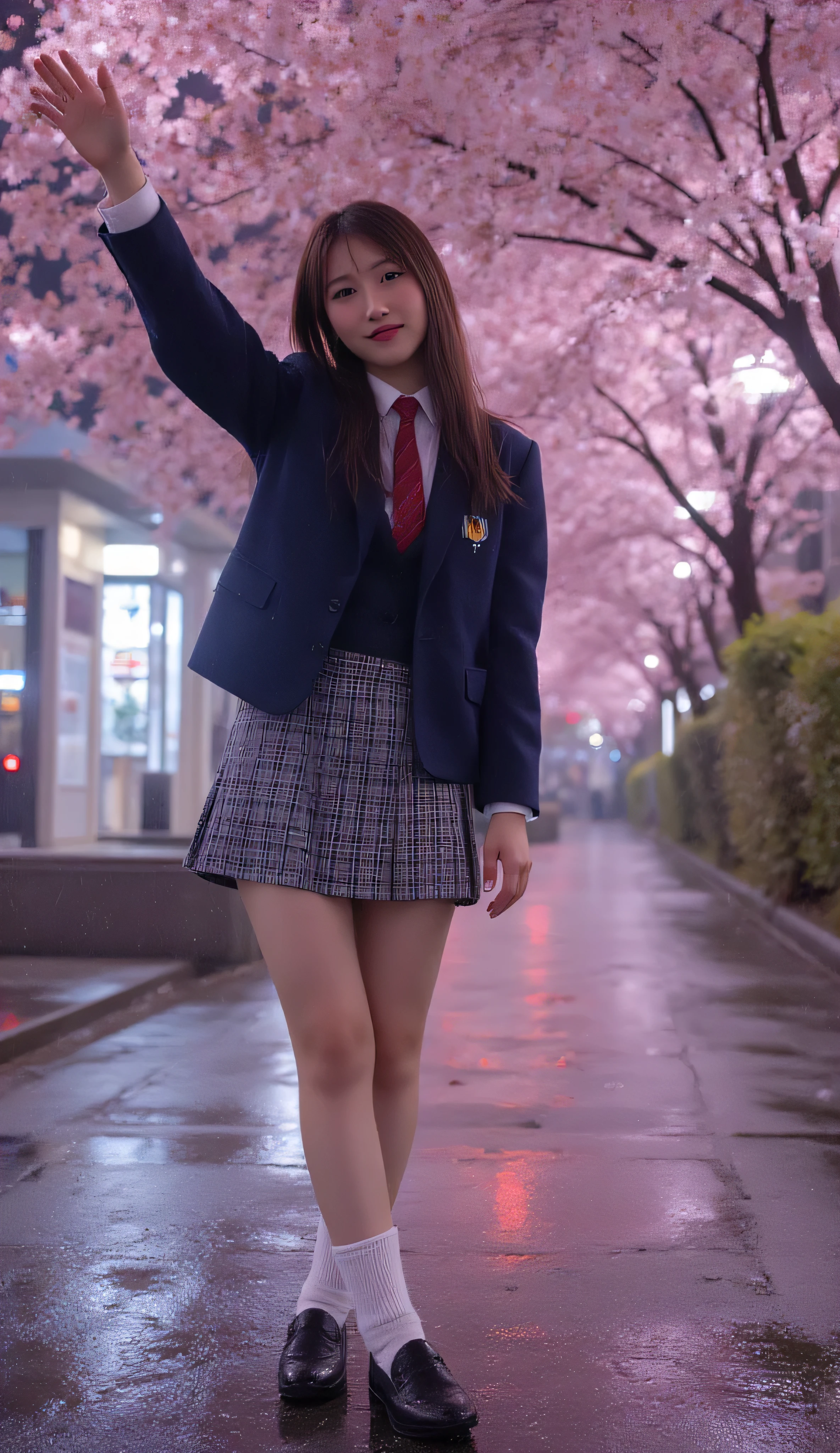 ( are high resolution ), (8k), ( very well detailed ), ( best quality ), (photorealistic:1.2), ((in the rain、Standing in a downtown area at night with rows of cherry blossom trees in full bloom、A beautiful Japanese high school student stretching her back and waving to her lover : 1.8))),(完璧な女子高のuniform:1.3),( Blue Blazer and White Neat Blouse、Wearing a checked miniskirt :1.3 ),(red tie:1.2)、(A beautiful Japanese high school student holding an umbrella with a stylish pattern:1.2),( photorealistic:1.5)、 、 Beautiful downtown neon signs and cherry blossoms at night , ( 雨で道路や彼女のuniformが濡れて光っている :1.5)),(( long hair with a tall Japanese model、 Great Style :1.8,)), ( white knee high socks、black loafers )、( A loving, gentle smile :1.5)、, ( standing with a tight waist),((nsfw:-1.5))、((Nipples:-1.5)), Long Wavy Hair , (( shiny white skin :1.2)、 white skin like milk 、(long legs:1.5)),(( comics:-1.5)),(( Her Hair, uniform, and、The skirt is wet :1.5)) 、(Moderate exposure)、8k, very detailed, best quality, ( anatomically correct fingers), 濃い化粧, Nagasamatsuge , Dark Eye Shadow Around Her Eyes ,