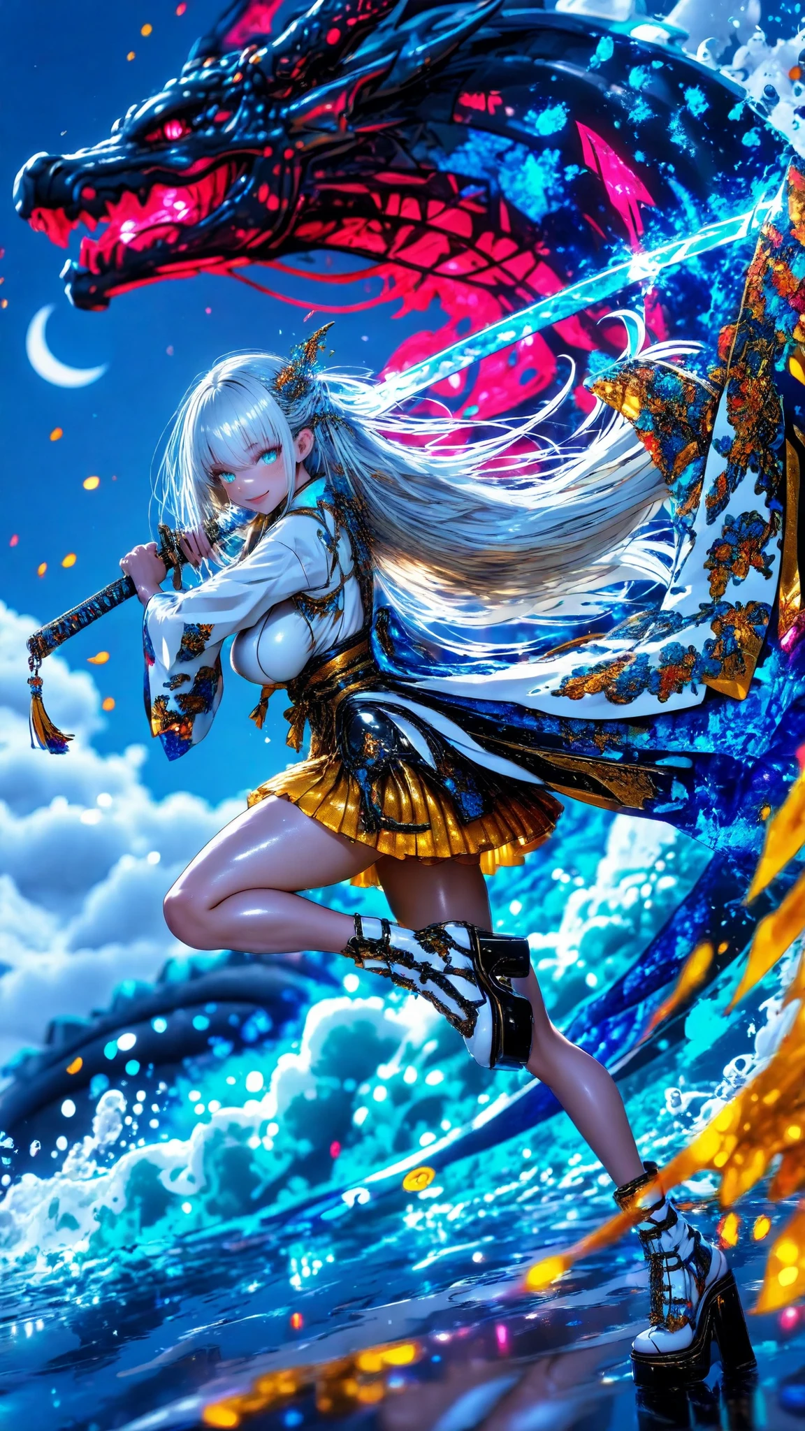 32K,Highest Quality、MaXimum resolution,masterpiece,beautiful顔, shiny skin ,smiling Yang      ,favorite face ,1girl, solo, great long hair, blue hair,knee-high, battle pose(  great),weapons, ,cloud, Moon, and big waves , battle pose, Curved Platform Shoes,              Black Reaper              , ホワイトknee-high, Flower, Flowerプリント, in、plantar shoes, viewers, lips, dress, white kimono, Blue Kimono,yellow skirt,  dragon , Perfect Fingers(5 fingers),hair jewelry , , full body , all, Blurry Background、people々rimless、ビューアrimlesssea 、soft big boobs 、powerful female warrior、Spears Shine、from above、Hide with right arm、Curved Platform Shoes Swinging Down at Dynamic Angles {X} Curved Platform Shoes Swinging Down at Dynamic Angles, ,  limited palette,colorful , , (dynamic movement is approaching the goal、motion blur:1.2)、Dramatic Action Poses、dynamic movement is approaching the goalで、beautiful, vivid, and powerful splashes、(on a blue background :1.2)is very cool、 Sakura Fubuki、cloud,Big Wave Splashes Surrounding the Moon,月明かりに照らされたbeautiful肌,battle pose,