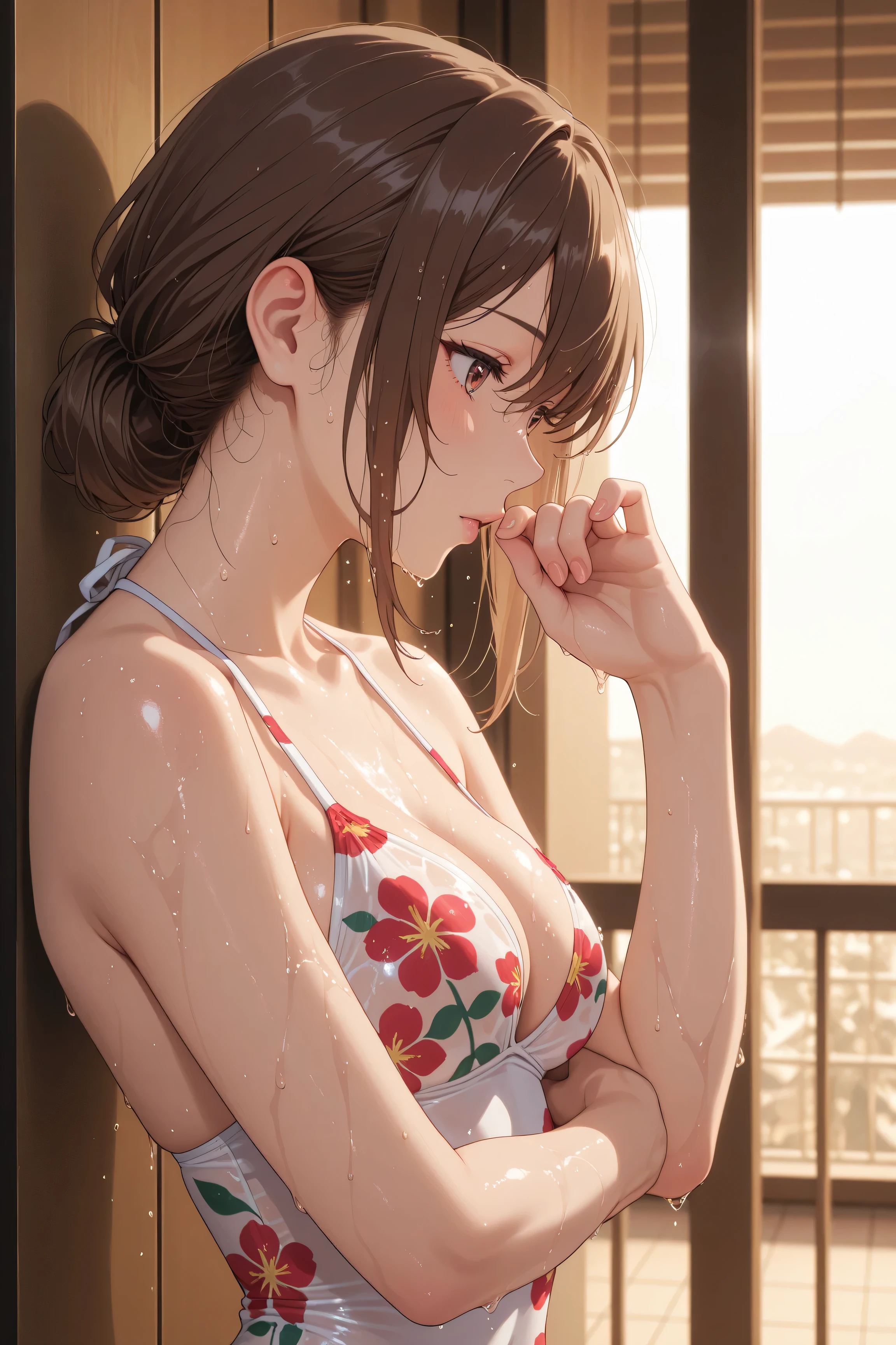 Japanese woman in a red floral swimsuit、while basking in the morning sun on the Balcony of a luxury resort hotel、Balcony、Kiss me deeply、women and men、高級リゾートホテルのBalconyで朝の太陽を浴びながら、A Japanese woman with medium brown hair wearing a swimsuit、They are hugging a man in a swimsuit violently 、wet body、Fuonjiakane