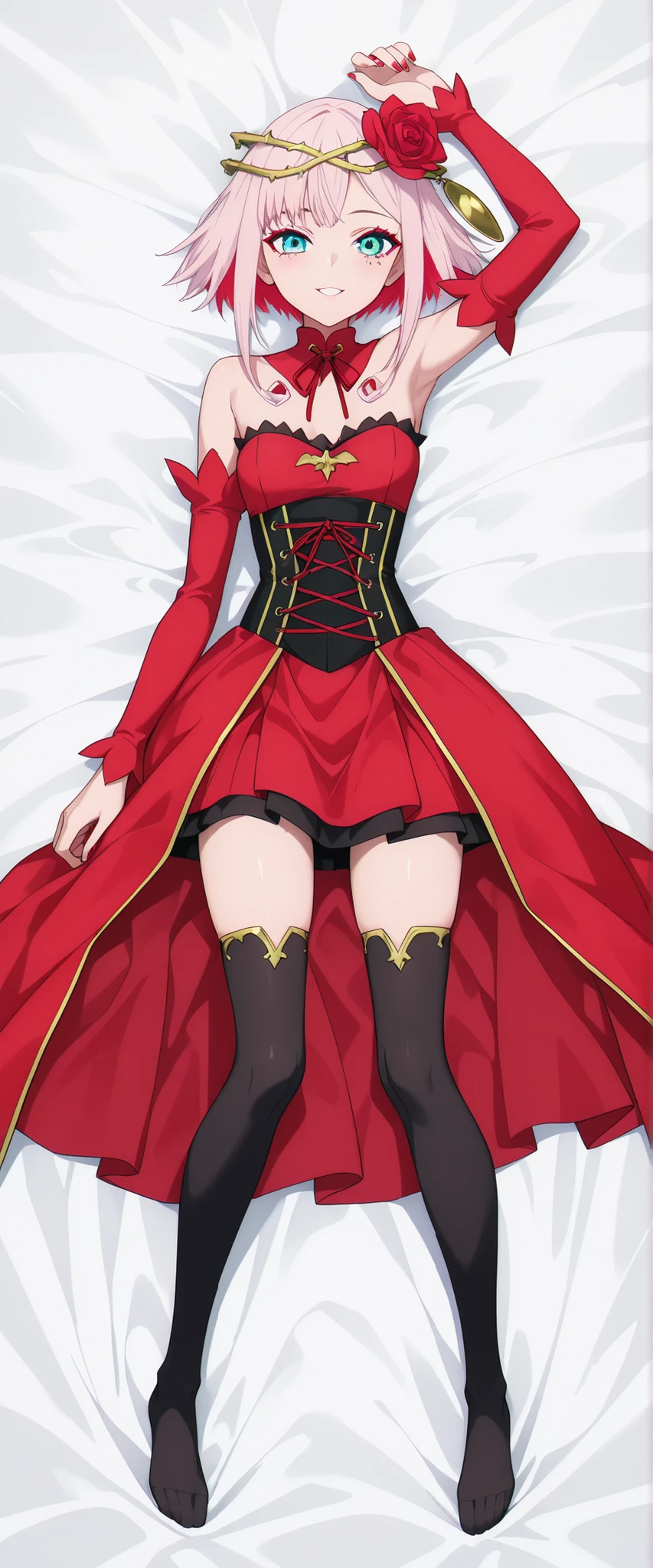 JK,1 girl, only, only women, SFW,
destiny, short hair, colored inner hair, pink hair, red hair, short hair with long locks, hair ornament, hair flower, crown of thorns, aqua eyes, makeup, red eyeshadow, mark under eye
red nails, detached collar, red dress, strapless dress, high-low skirt, corset, thorns, detached sleeves, black thighhighs,
Dakimakura, happy, ,
white bed sheet , on back , blush , parted lips , arm at side , arm up , fullbody , , looking at viewer , clothed , with clothes , dakimakura (medium), lying on back, smiling, open mouth, flushed cheeks, on the bed, Dakimakura,
high resolution, high detail, highly detailed, detailxl, anime_source, masterpiece, best quality, beautiful anime girl, big eyes, gorgeous anime girl, vibrant colors, IllusP0s, PonyScores, soft skin, slender legs, slim waist