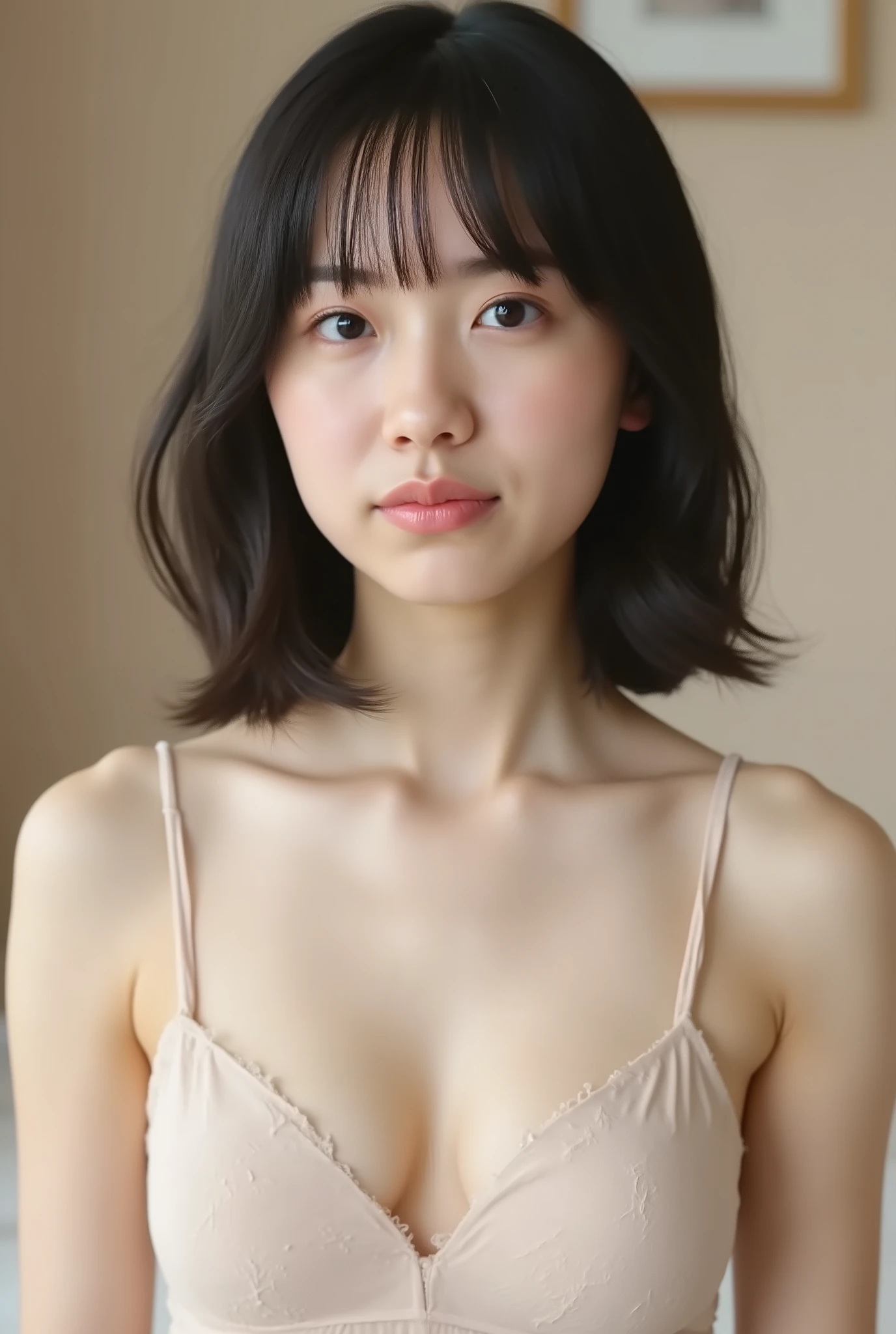 (( premium quality,  8k )), ((masterpiece)), ( details),    、dark hair,  Japanese girls,   first-person view   ,One Woman, a plump woman, petite female ,   sexy,(  full nude, in the bedroom),(((    Super Giant Bust ,    full nude,  beautiful breasts,  short bob hair , dark hair))),  ((dark hair, full nude)) , (( No decoration,  no accessories,       without makeup  ))