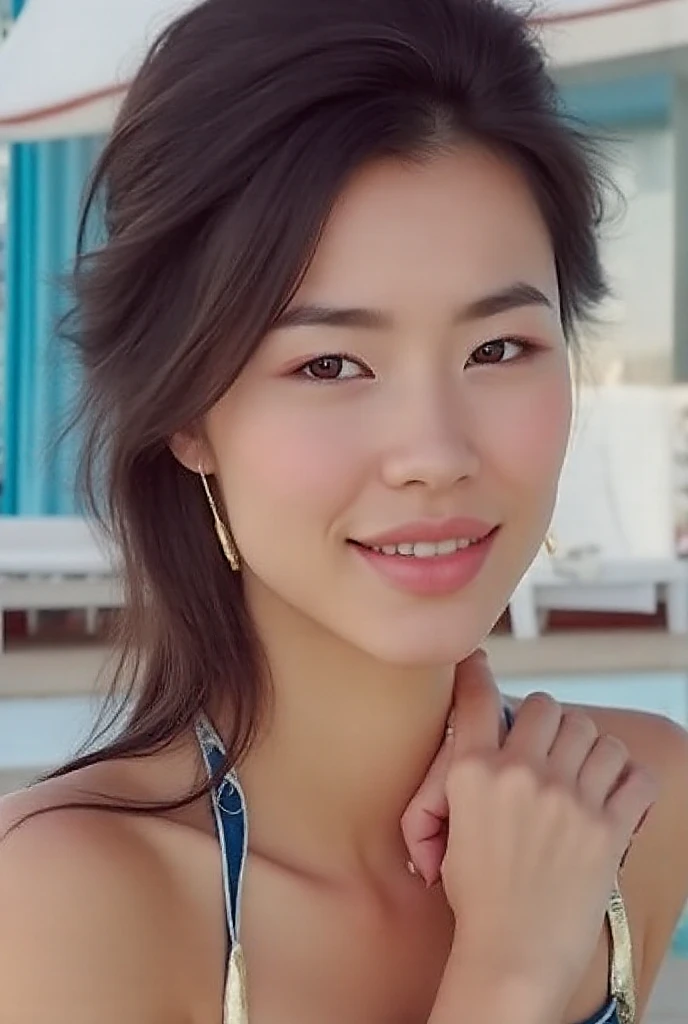 ((Extremely precise and accurate )), (masterpiece:1.43), Perfect balance, Realistic photos, shrapnel:1.22、Man in his 20s、young woman、Very realistic、High resolution photos、Wavy, Shoulder-length chestnut hair、Elegance from the shoulders down、The eyes are a striking green with gold flecks..、natureなアーチ型の眉毛、The skin is white and smooth、nature, Healthy shine、A kind smile、Straight and white teeth、A  made of soft and light fabric that fits snugly..、Sunlit beach in the evening、The sea swaying in the wind、Clear deep blue sky with white clouds、The sunlight is warm and golden、顔の特徴や衣服の質感を強調するnatureなハイライトと影、メイクは最小限でnature、Light Foundation、A faint blush、Subtle eyeliner、A little mascara々々、Soft pink lip color、Mr..々Pause、Make different  expressions、Wavy hair、A sense of movement and vitality、(((Shallow depth of field effect)))、Image focus、The atmosphere is warm、The energy of joy、natureの美