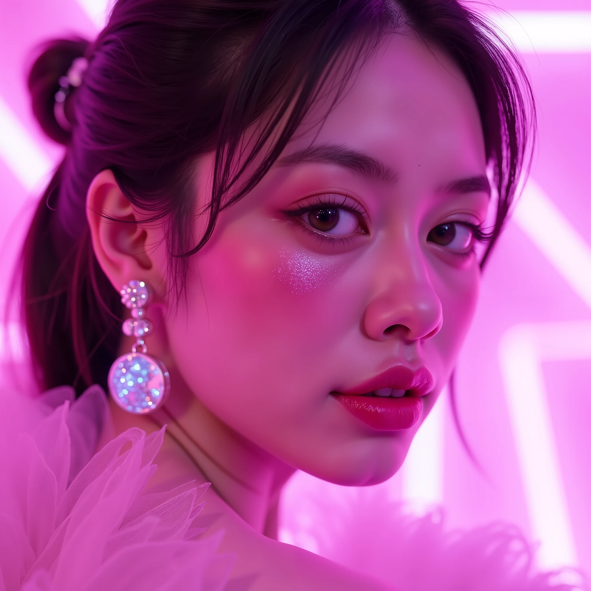 Close-up portrait of Luna with sci-fi earrings, shimmering lips, soft pink neon light  ,  cleavage visible