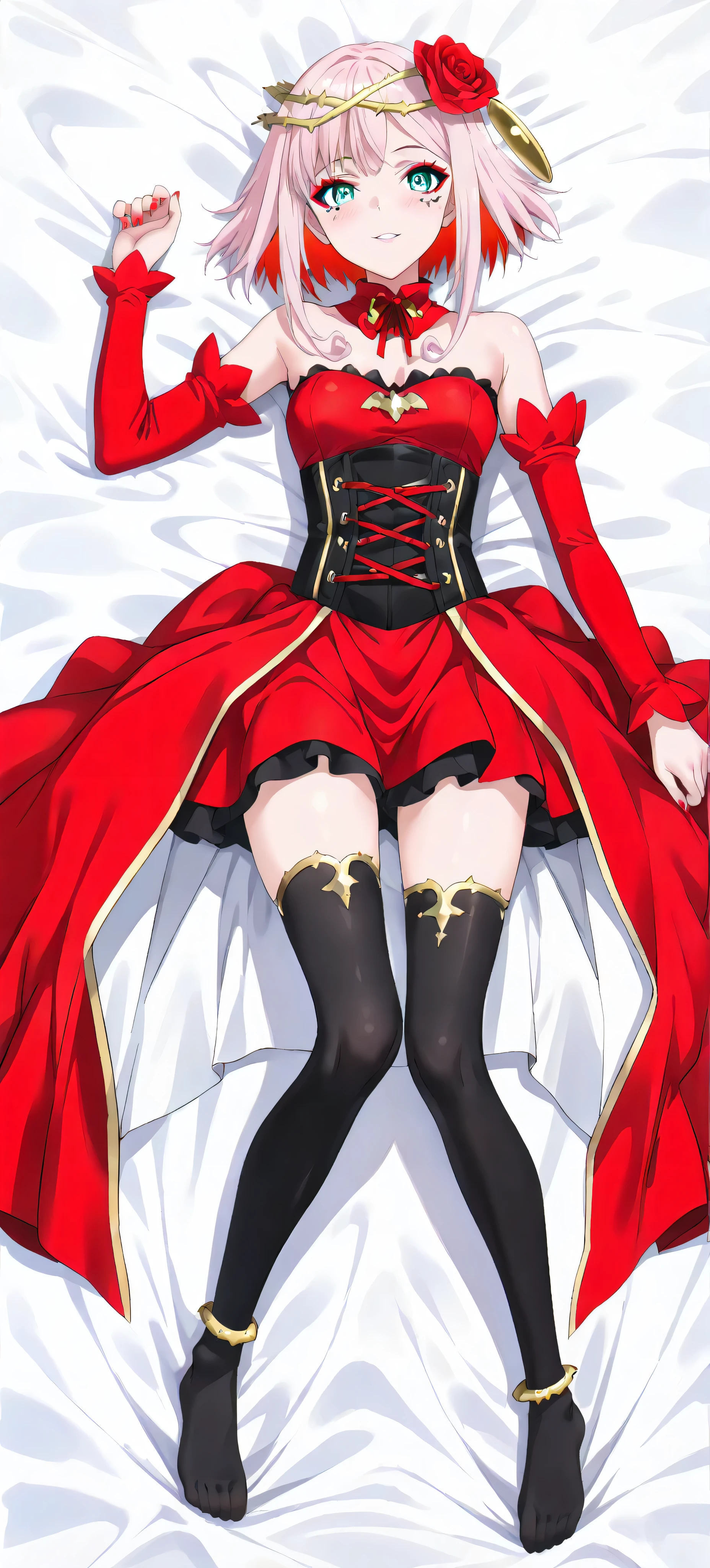 (((masterpiece))), (best quality:1.5), (ultra-detailed:1.5), (illustration) , (beautiful detailed eyes:1.5), highres, extremely detailed face, 16k, hd, extremely beautiful anime face, (perfect hands:1.5), (perfect anatomy), amazing quality, high resolution, ultra detailed, anime face, 1girl, solo, destiny, aqua eyes, makeup, red eyeshadow, mark under eye, light smile , flushed cheeks, looking at viewer, blush , parted lips , short hair, colored inner hair, pink hair, red hair, short hair with long locks, hair ornament, hair flower, crown of thorns, red nails, detached collar, red dress, strapless dress, high-low skirt, corset, thorns, detached sleeves, black thigh highs , BREAK , white bed sheet , on back , arm at side , arm up , fullbody , legs apart , clothed , with clothes , dakimakura (medium) , lying on back , on the bed , Dakimakura ,