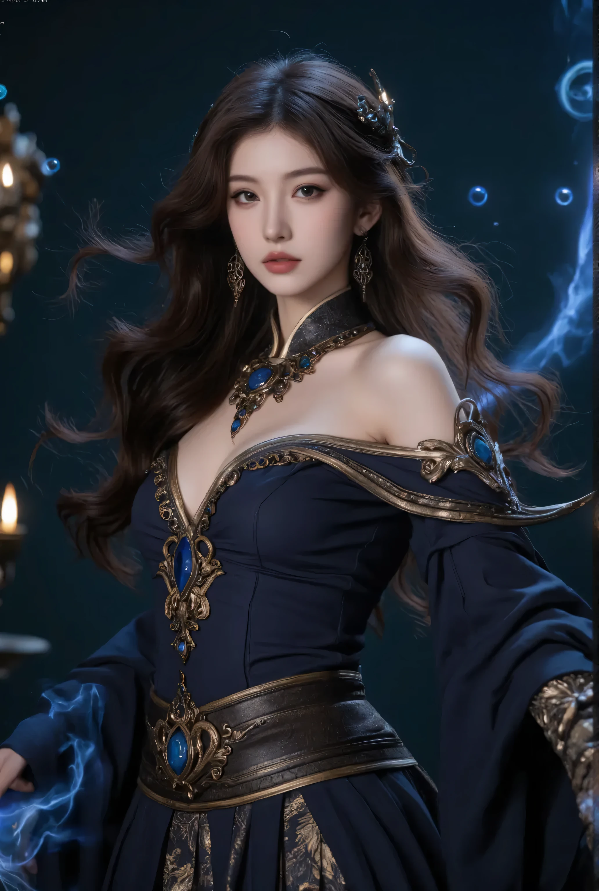 An ethereal beauty with sapphire eyes, porcelain skin, rosy lips, glossy ebony hair, and an elegantly proportioned figure, all crowned by an exquisite celestial blue silk gown adorned with lace and a bejeweled belt, creating an enchanting and goddess-like presence