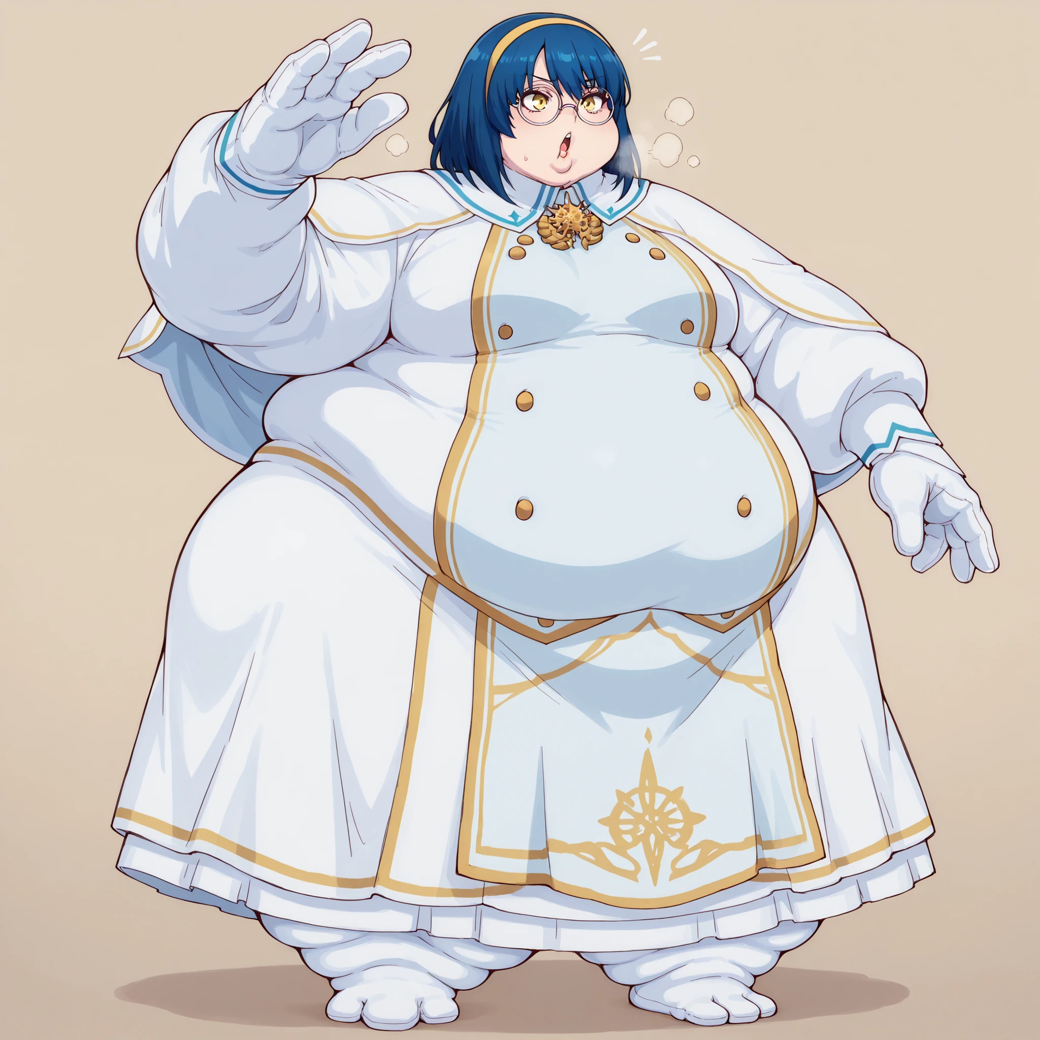 Umin, full body, medium hair, blue hair, bangs, yellow eyes, yellow hairband, round eyewear, glasses, small breasts, school uniform, umindress, high collar, white capelet, golden brooch, white long sleeves, gold trim, golden buttons, white long skirt, pelvic curtain, fat, chubby, obese, fat neck, multiple chins, big breasts open mouth, out of breath, Larger female, full body shot, only head, large head, oversized limbs, large hands, large feet, oversized feet, oversized fingers, big lips, plump lips, fat face, fupa, big fupa, fat fupa, hunchback, 
