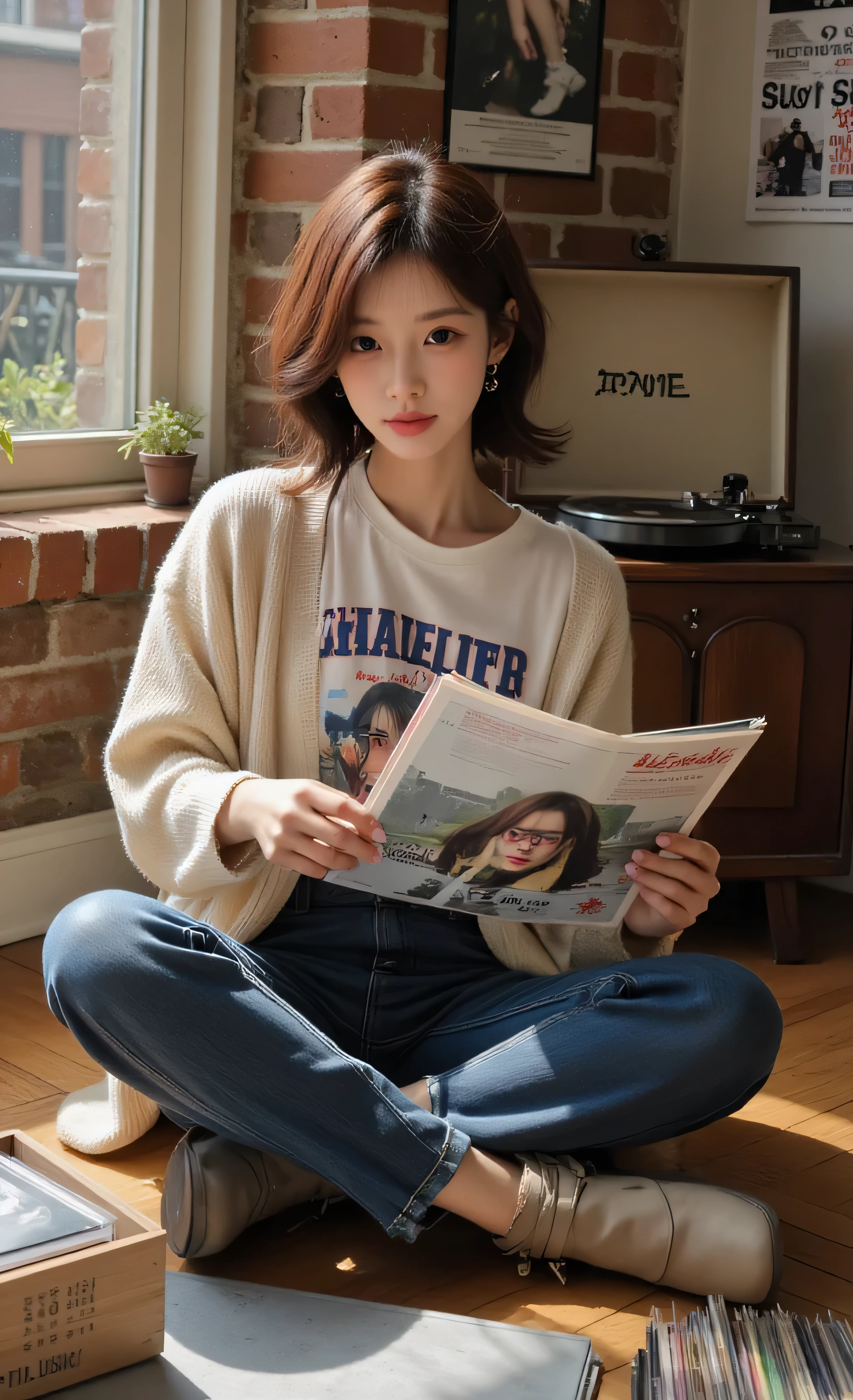 high quality, masterpiece, photorealistic, young woman in her early 20s with natural makeup and light freckles, shoulder-length wavy brown hair with subtle highlights, wearing vintage band t-shirt tucked into high-waisted mom jeans, oversized cardigan, chunky platform boots, multiple small earrings, sitting cross-legged on wooden floor of her apartment surrounded by vinyl record collection, carefully examining album cover artwork, vinyl records organized in wooden crates around her, record player on vintage wooden stand nearby, warm afternoon sunlight streaming through window creating golden glow on skin and hair, exposed brick wall with band posters and tour flyers, small plants on windowsill, expression of contentment and focus while exploring music collection, shallow depth of field focusing on subject, vintage color grading with rich warm tones, (photorealistic portrait:1.3), (natural indoor lighting:1.2), (detailed vinyl collection:1.3)