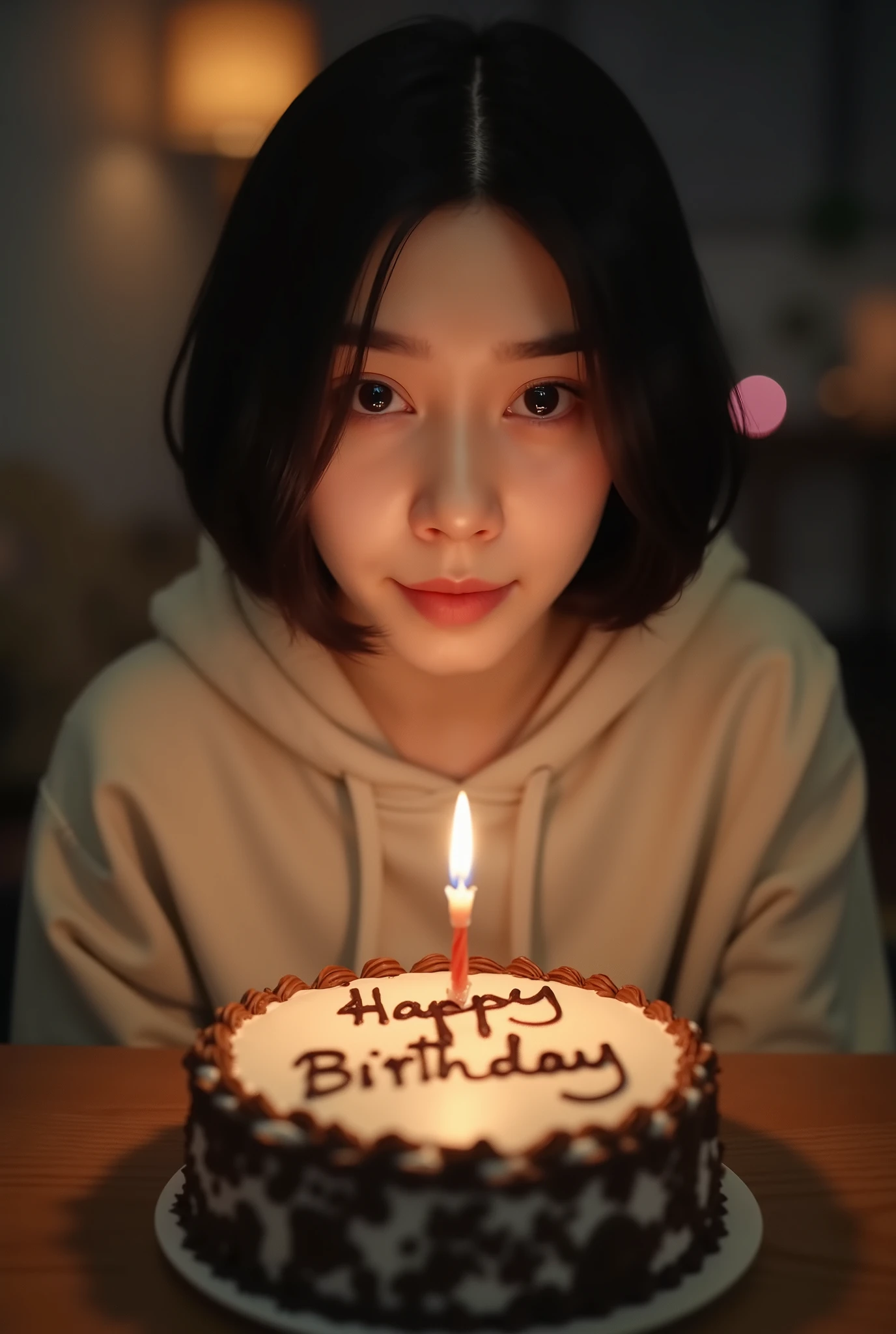 A realistic cinematic close-up of an 18-year-old Japanese girl with short black hair sitting in a dimly lit living room.
She looks at a small birthday cake placed in front of her, eyes wide open and tearful, a faint smile forming on her lips.
The cake has one lit candle and the words “HAPPY BIRTHDAY” written clearly on top in chocolate icing.
The warm candlelight softly illuminates her face and reflects in her eyes.
She wears a light hoodie and simple casual clothes.
The background is softly blurred but shows hints of a cozy share house living room — faint furniture and warm ambient light.
No other people are visible.
Focus sharply on the girl’s emotional face and the cake, very shallow depth of field, cinematic lighting, ultra-realistic 8K photography.