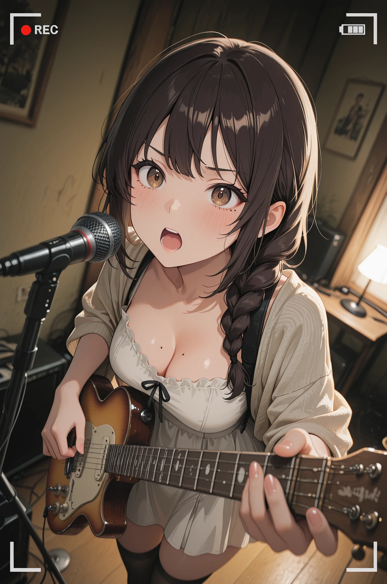 masterpiece, best quality, very aesthetic, realism, very awa, absurdres, scenery, (realistic:0.5), newest, watercolor, painting,
bright, colourful, cute character, detailed face, detailed eyes, best quality, eyelash, detailed pupils, depth of field, dutch angle, watercolor, painting, sfw, stylish, flat_color, sharp focus,
2dReal, (photo background, film grain), dark, blurry background, depth of field, impressionism
close-up, Ani2rel, (dutch_angle:1.2), perspective
BREAK
(extreme close-up), (face focus), cowboy shot, upper body, high detailed face,
solo, 1girl, cute girl, dark brown hair, single hair braid, brown eyes, medium breast, dynamic pose, polished nails, thick thighs, breasts rest on guitar, white shawl, (mole on chest), asia_girl,
white simple dress, black knee-highs,
(serious face), blushing, guitar, playing guitar, hands, fingers, recording studio, microphone, singing, standing, singing in front of microphone, wide open mouth, recording,
(foreshortening)