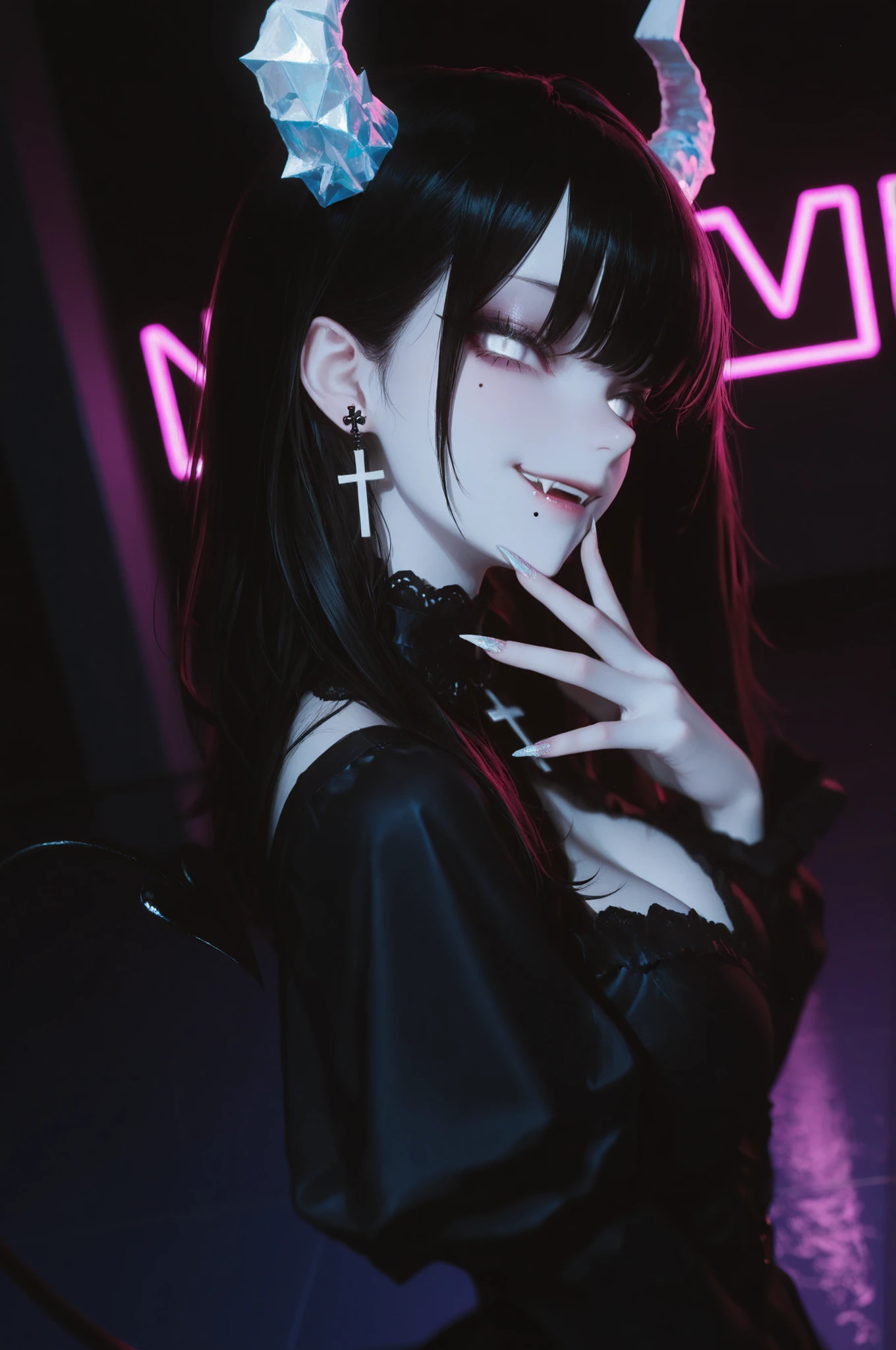 masterpiece, ultra-HD, high detail, best quality, very aesthetic, 8k, best quality, sharp focus,
three quarter face shot, depth of field, shallow depth of field.
1girl, devil, glittered dark hair, white eyes(no pupil),
sharp pretty eyes, smirk, mole
(fangs), lip piercing, white cross earring.
White pale skin, gothic accessories.
long white claw nails, ice and white horns,devil heart tail.
bioluminescence, heart .
black with neon lighting,
dark theme.
shoot from side,
dynamic composition, dynamic angle.