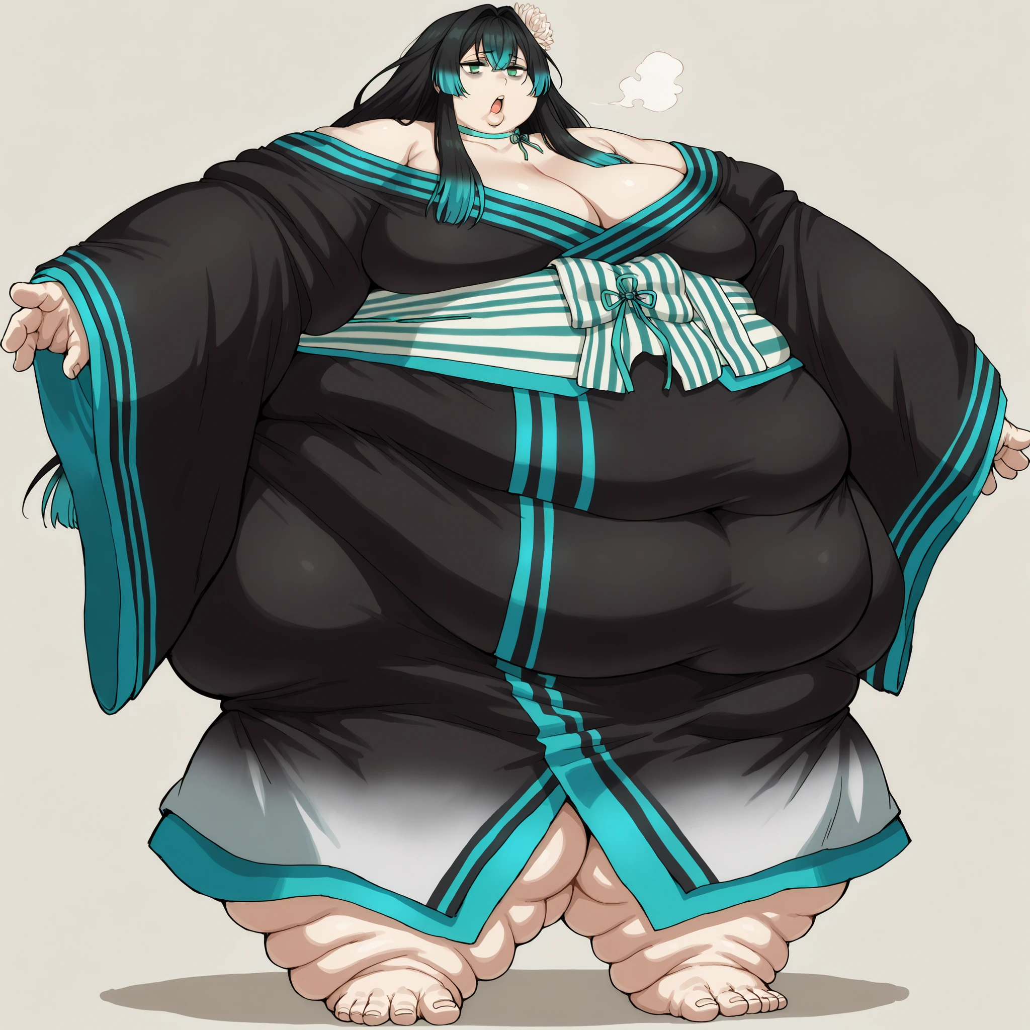long hair, hair intakes, multicolored hair, black hair, aqua hair, green eyes, hair flower, bags under eyes, off shoulder, black kimono, aqua trim, ribbon choker, aqua choker, sash, sleeves past wrists, fat, chubby, obese, fat neck, multiple chins, big breasts open mouth, out of breath, Larger female, full body shot, only head, large head, oversized limbs, large hands, large feet, oversized feet, oversized fingers, big lips, plump lips, fat face, fupa, big fupa, fat fupa, hunchback, 