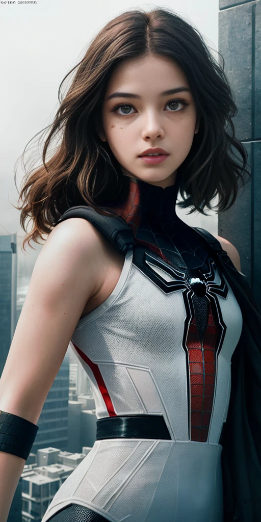 (1girl:1.3), Solo, (((Very detailed face)))), ((Very detailed eyes and face)))), Beautiful detail eyes, Body parts__, Official art, Unified 8k wallpaper, Super detailed, beautiful and beautiful, beautiful, masterpiece, best quality, original, masterpiece, super fine photo, best quality, super high resolution, realistic realism, sunlight, full body portrait, amazing beauty, dynamic pose, delicate face, vibrant eyes, (from the front), She wears Spider-Man suit, red and black color scheme, spider, very detailed city roof background, rooftop, overlooking the city, detailed face, detailed complex busy background, messy, gorgeous, milky white, highly detailed skin, realistic skin details, visible pores, clear focus, volumetric fog, 8k uhd, DSLR, high quality, film grain, fair skin, photo realism, lomography, futuristic dystopian megalopolis, translucent