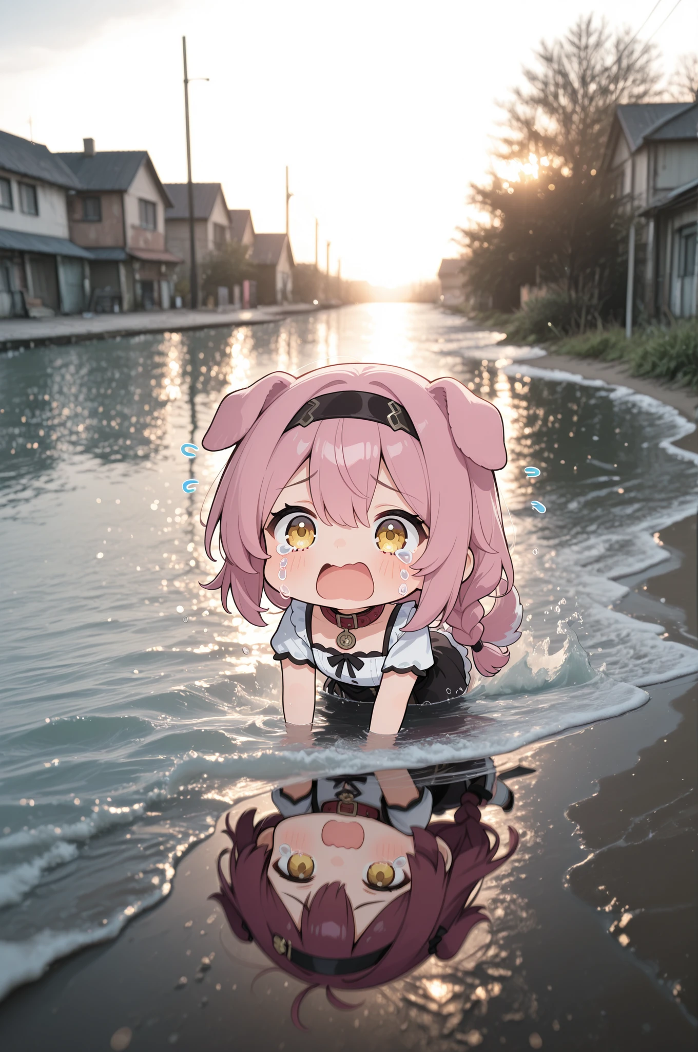 masterpiece,best quality,1girl, solo, long hair, open mouth, bangs, simple background, white background, animal ears, hair between eyes, tail, yellow eyes, pink hair, braid, hairband, dog ears, tears, water, chibi, collar, dog tail, single braid, flying sweatdrops, wavy mouth, crying, black hairband, dog girl, floppy ears,,,XUER guangying,,2dReal,((photo background, film grain)),dark,blurry background,depth of field,impressionism,,,,,detailed,,,eaPch,,fakeennILL,