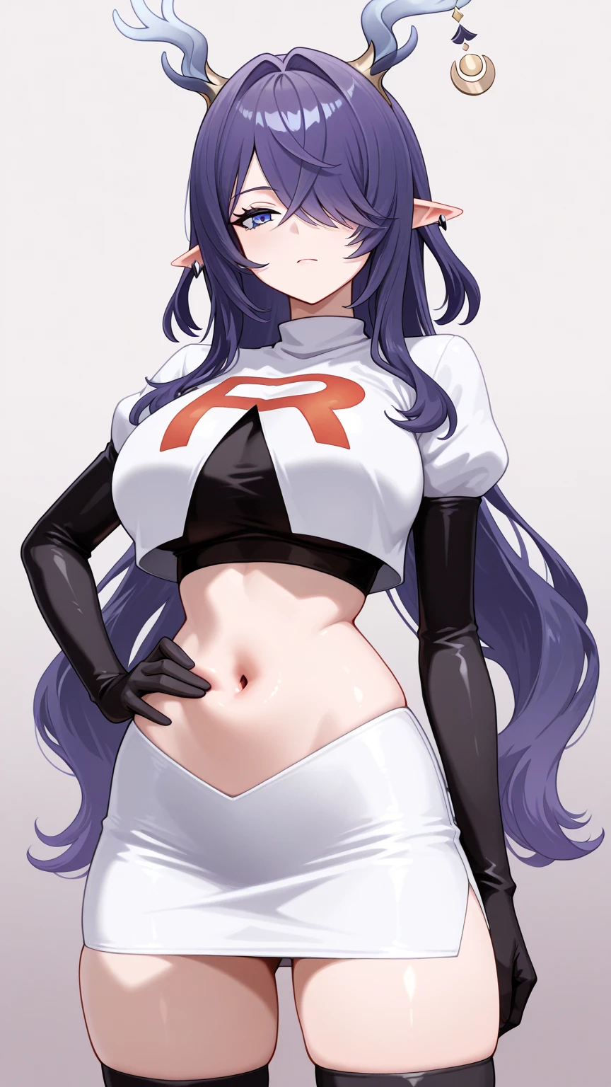 masterpiece,high quality,1girls, large breasts,plmtazln,team rocket,team rocket uniform,white skirt,red letter R,crop top,black thigh-highs,black elbow gloves