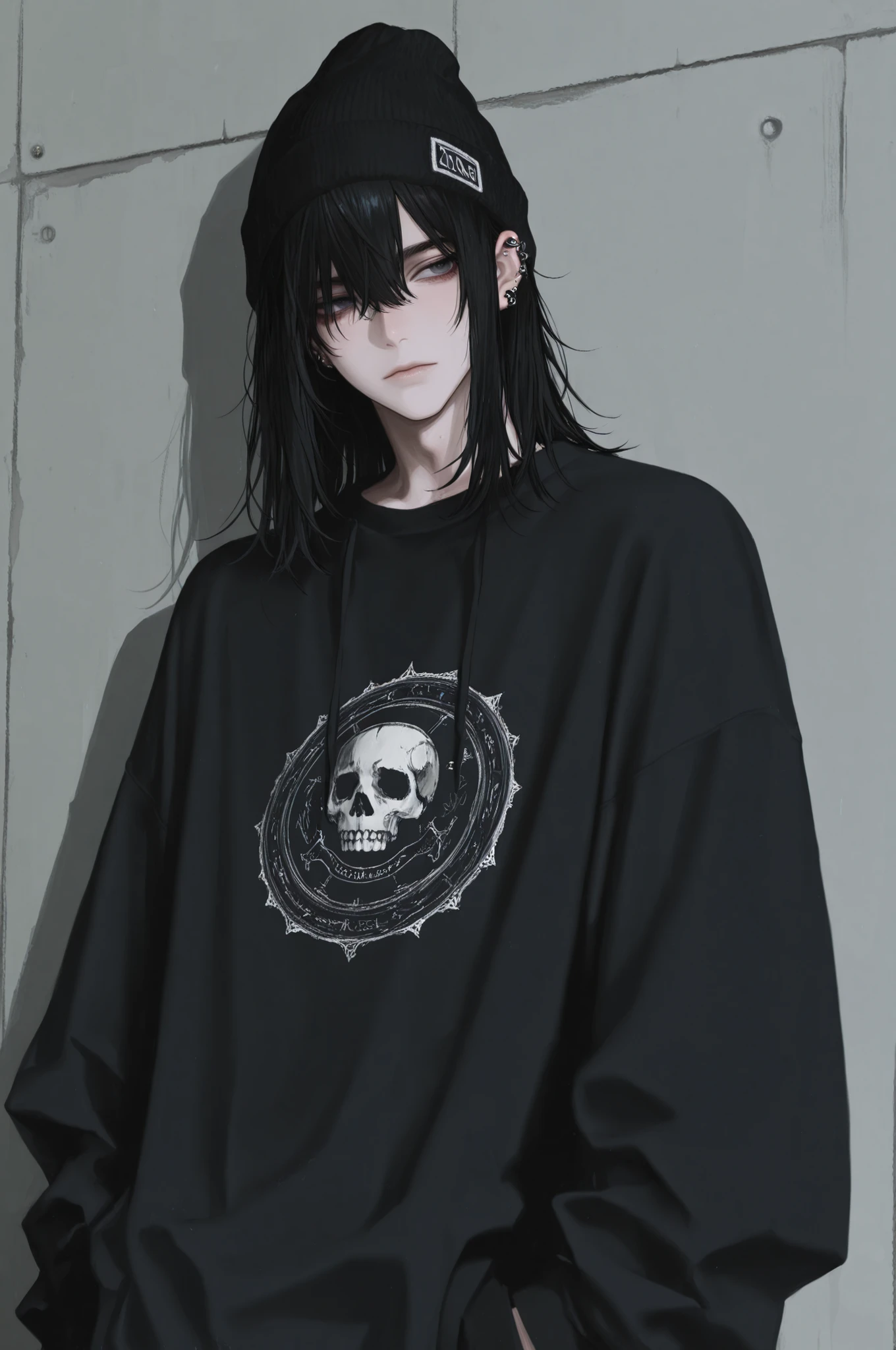 1boy, male focus, gothic male, black hair, piercings, beanie, masterpiece, best quality,absurdres , digital art style, drawn aesthetic, concept painting, ultrahigh definition,masterpiece, best quality, amazing quality, newest, very aesthetic,