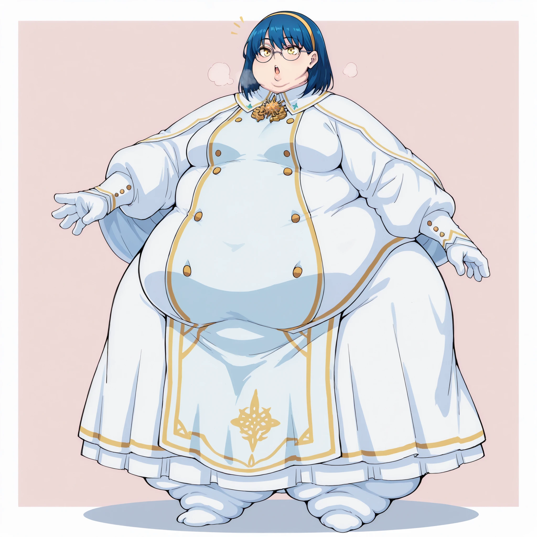 Umin, full body, medium hair, blue hair, bangs, yellow eyes, yellow hairband, round eyewear, glasses, small breasts, school uniform, umindress, high collar, white capelet, golden brooch, white long sleeves, gold trim, golden buttons, white long skirt, pelvic curtain, fat, chubby, obese, fat neck, multiple chins, big breasts open mouth, out of breath, Larger female, full body shot, only head, large head, oversized limbs, large hands, large feet, oversized feet, oversized fingers, big lips, plump lips, fat face, fupa, big fupa, fat fupa, hunchback,