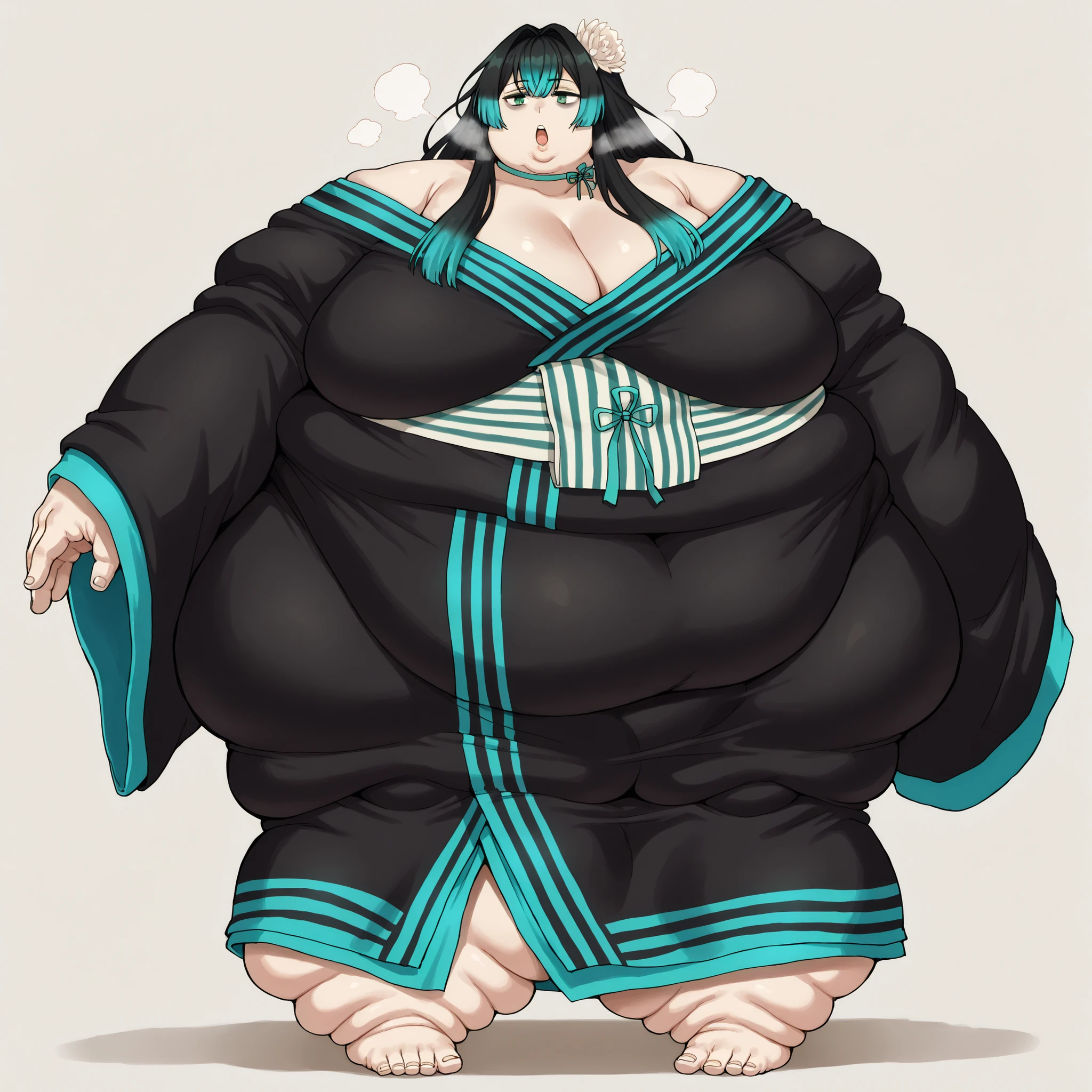 long hair, hair intakes, multicolored hair, black hair, aqua hair, green eyes, hair flower, bags under eyes, off shoulder, black kimono, aqua trim, ribbon choker, aqua choker, sash, sleeves past wrists, fat, chubby, obese, fat neck, multiple chins, big breasts open mouth, out of breath, Larger female, full body shot, only head, large head, oversized limbs, large hands, large feet, oversized feet, oversized fingers, big lips, plump lips, fat face, fupa, big fupa, fat fupa, hunchback,