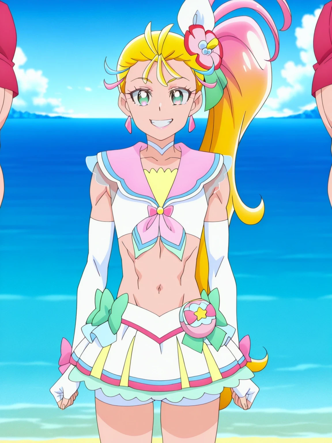 傑作、Best quality、Best resolution、Best image quality、amazing quality、 very aesthetic、 absurdres、anime coloring、anime screencap、anime screenshot、official style、official art、1boy、cure summer is a boy warrior、boy is wearing a white crop top dress、blonde hair、multicolored hair、long hair、high side ponytail hair、pink hair、gradient hair、side ponytail hair、two tone hair、blonde and pink hair、green eyes、hair flower、hair ornament、solo、jewelry、triangle earrings、lips、zodiac boy knight、sparking magical boy、royal elegant pose、anime boy is wearing a white crop top dress、anime boy is wearing a Belly button outfit、sea warrior、white arm warmers、white gloves、white sandals、white detached dsleeves、white crop top dress、pink sailor collar、pink neckerchief、white mini skirt、pleated skirt、crop top dress with an white、white choker、green frills underneath white mini skirt、A magical water around him、cure summer outfit、toned body、(manly:1.5)、seductive anime male、a cheerful smile、Portrait of a Zodiac boy Knight、boyish taste、beach、day time、bare shoulders、bare arms、bare legs、covered pectoralis major、flat chest、navel、abs、midriff、stomach、biceps、biceps long head、biceps short head、triceps、deltoids、thigh  muscles、hamstrings、adductor magnus muscles、tomboy style、(male body:1.5)、cowboy shot、separate outfit、looking at viewer、energetic femboy、trap boy、short boy、otoko no ko、grin、open mouth、male focus、battle outfit、solo focus、 (manly face:1.5)、bulge medium underneath outfit、white boyshorts underwear for girl、skirt lift、under skirt white boyshorts underwear for girl、panty shot、I can see white boyshorts underwear for girl、showing white boyshorts underwear for girl、