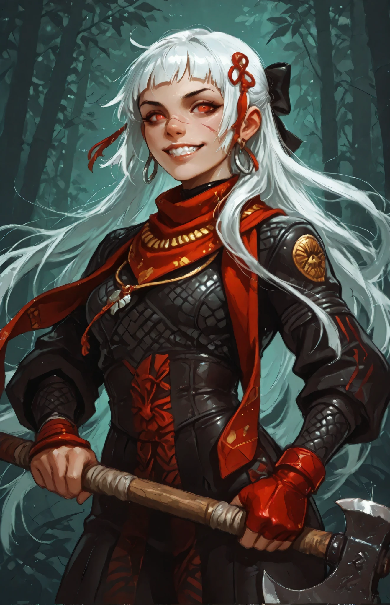 She looks like Elena from Street Fighter and has a horizontal scar across her nose. Inca girl with white dreadlocks with black highlights and silver pearls, red eyes, slanted Asian eyes, sharp canine teeth, black eyeliner, athletic body. Slender and athletic. Cute, round and young face. White highlights in her hair. She wears a tough snakeskin-leather red and black Goth battle-dress with snakeskin-pattern (like the outfit of Okita Souji from FGO), with red vertical stripes. She also wears an amber necklace. She has a small smile on her face. She's holding an indiginous axe made of carved wood and bone. Atmospheric lighting. Looking at the viewer. Background: Aztec jungle, hdr colours, realistic