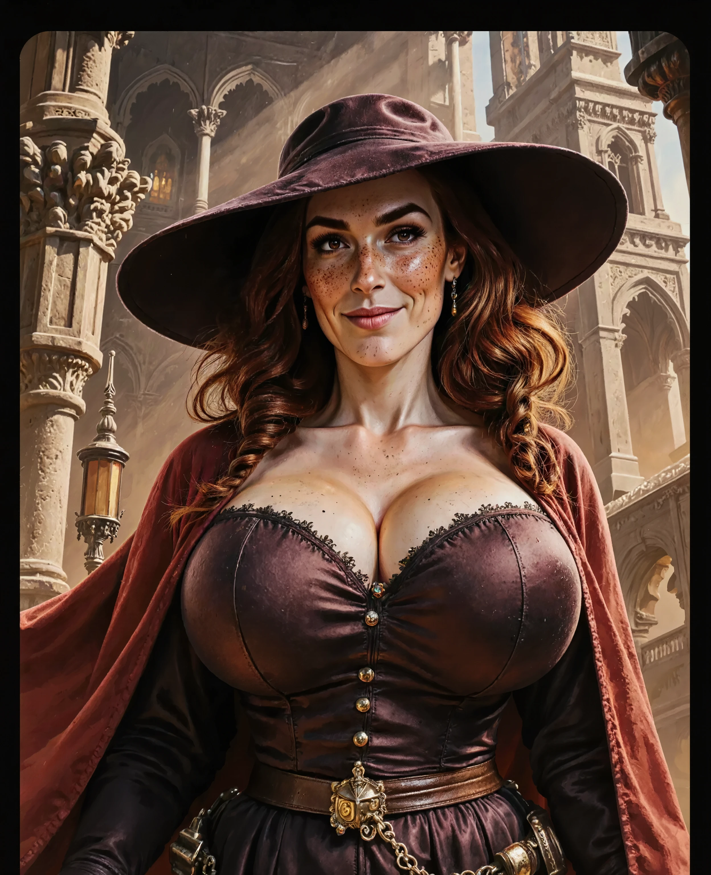 Create a magic the gathering style collectible card game card. Featuring Margaret as a rogue. highly detailed. large breasts and voluptuous figure. Slight smile. 