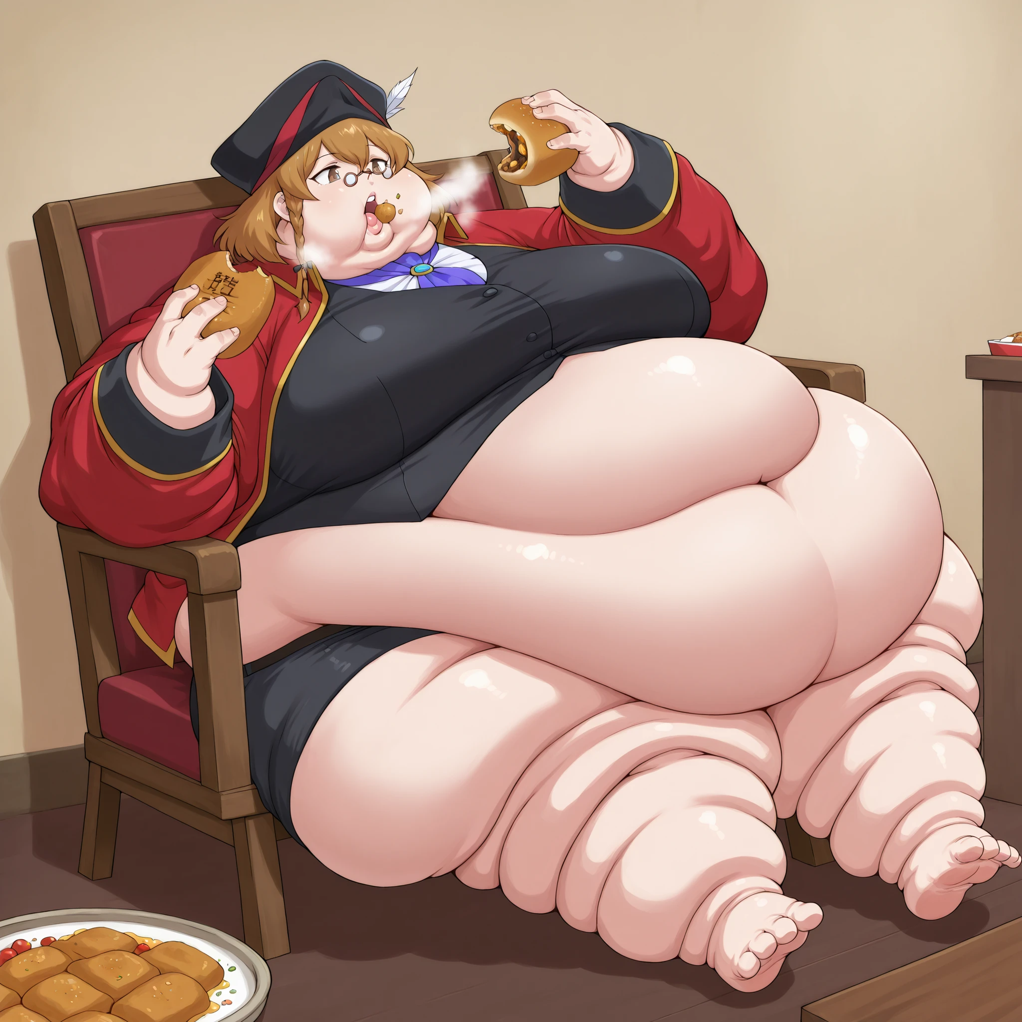 guildreceptionist, glasses, black headwear, large breasts, fat, chubby, obese, fat neck, multiple chins, big breasts open mouth, out of breath, Larger female, full body shot, only head, large head, oversized limbs, large hands, large feet, oversized feet, oversized fingers, big lips, plump lips, fat face, fupa, big fupa, fat fupa, hunchback, on knees, food on floor, in front of tones of food, eating food, food in mouth, force fed, force feeding, rush of food, reclining back on chair, Extremely obese puffy puffy fat Body Length