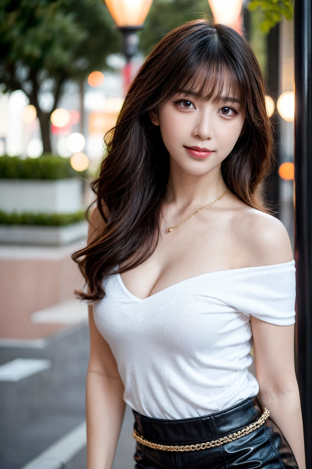 Long dark brown hair、Bright brown eyes、1girl in、A slender、cute little、Innocence、(Photorealsitic、lensflare:1.4)、(intricate-detail:1.2)、(​masterpiece、:1.3)、(top-quality:1.4)、(超A high resolution:1.2)、cinematric light、超A high resolution、(A detailed eye)、(detailed facial features)、nffsw、8K分辨率、Facing the audience、(shinny skin)、dream-like、Light-colored tank top with a slight sheer feel、a short skirt、full body Esbian、sexy  pose、chee、In the street