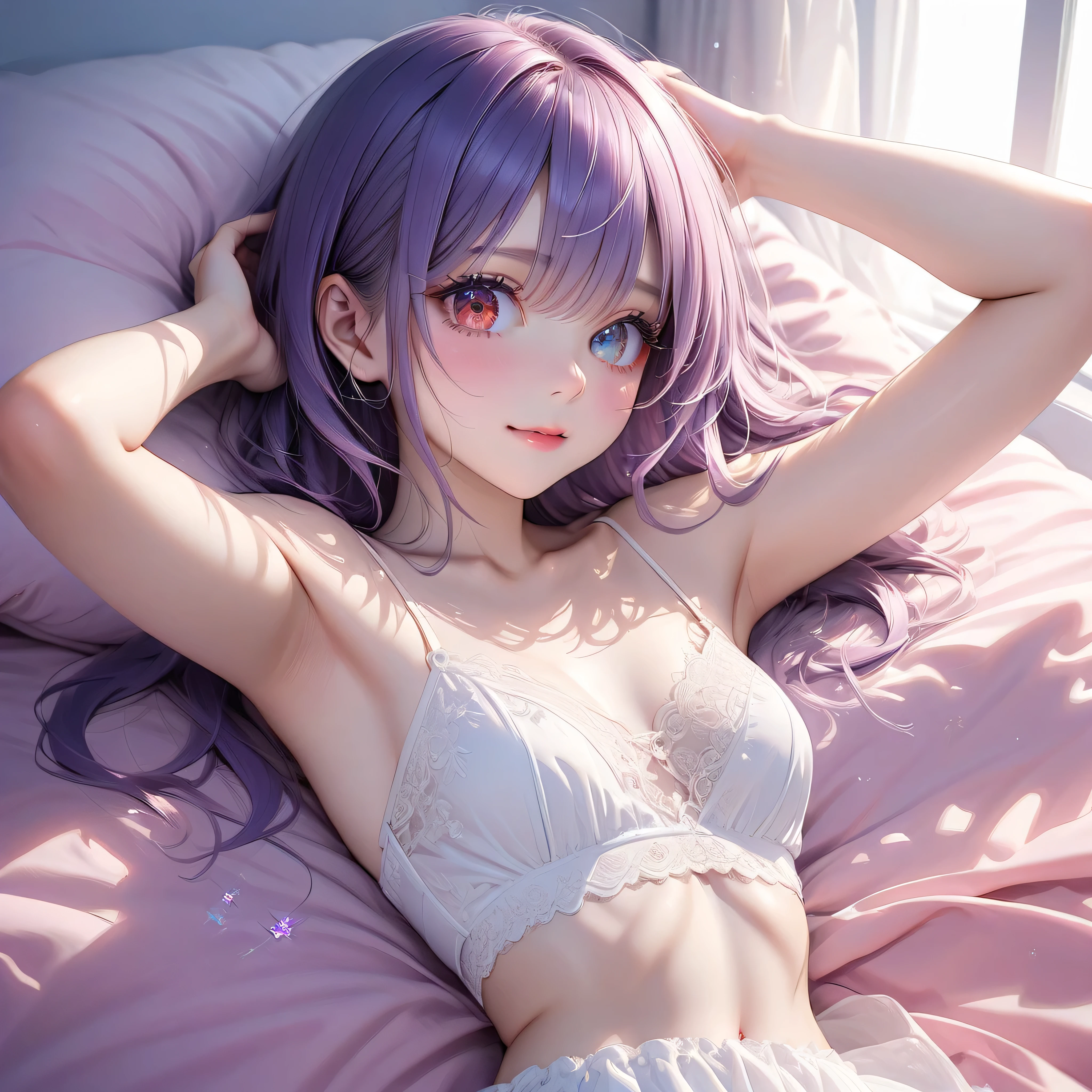 ((Highest quality, 8K, highest resolution, masterpiece, ultra-realistic)), ((Beautiful schoolgirl with odd eyes)), ((Heterochromia, blue eyes, red eyes)), ((Sparkling and detailed eyes)), ((Eyes with exquisite detail)), ((Crystal-like eyes)), (Long, wavy platinum and purple hair), Princess cut, ((Translucent white skin)), Shining skin, Very white skin, ((Small breasts)), ((Anatomically correct depiction)), ((Detailed depiction of the number of fingers and fingertips)), ((Wearing a white lace camisole)), ((The intricate pattern of the lace is clearly visible, highlighting the delicacy and beauty of the lace.)), ((Lying on her back on a pink bed in her bedroom)), ((Her hands are behind her head)), ((The morning sun is shining in through the window)), ((From above, upper body, looking down)), beautiful bedroom, gaze, still sleepy smile, very beautiful eyes, special eyes, colorful glow