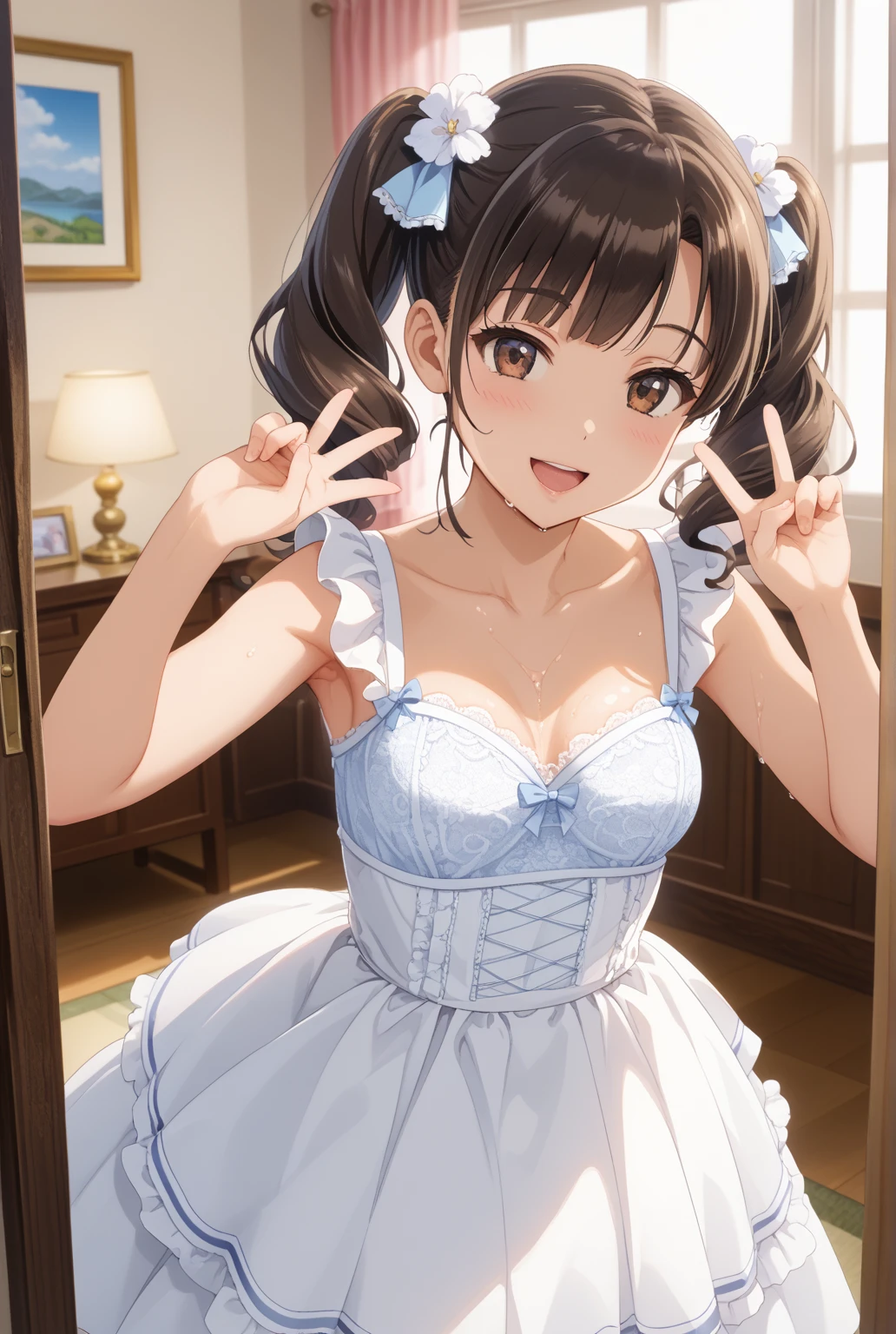 masterpiece, Highest quality, High resolution, Gloria1, 1 Girl, Gloria\(Pokémon\), Brown Hair, , Brown Eyes, , Short Hair, , Bobcut, bangs, , 　１Describe a girl carefully　１Girl　Expression in love　blush　Open Mouth　blush　church　Wedding dress（）　breast enhancement