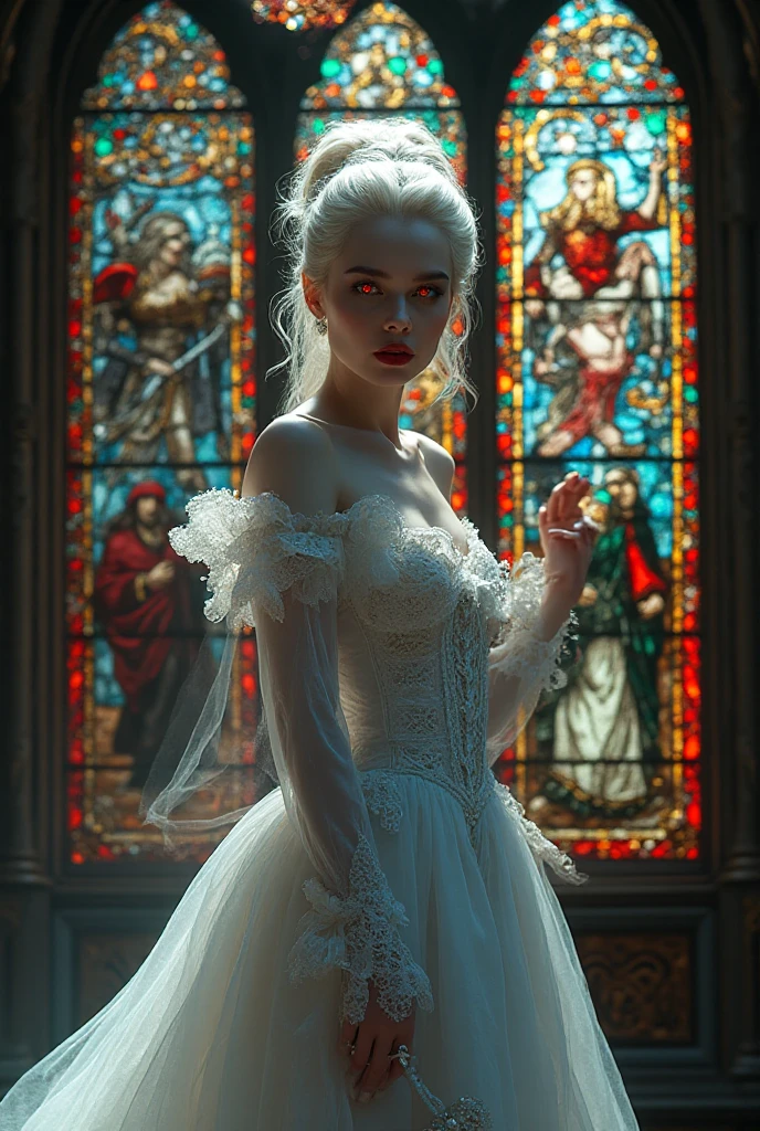 very attractive caucasian 25 year old girl with long platinum blonde hair, A beautiful young vampire walks through the corridors of a old palace showing her vampire teeth with her mouth open, hands apart, her beauty and elegance is only surpassed by her dress made of the finest ral-crztlgls, the finest details adorn the dress and her hair, a delicate veil surrounds her, the soft light nestles dreamlike around her being, a warm scene that could have sprung from a fairy tale, she is the epitome of virginal purity, at midnight, jewelry, red and dark brown and iridescent gold color scheme, various magical poses, Gothic style, dimly lit, rim lighting, high resolution, best quality, 4k, ultra-detailed, very realistic
