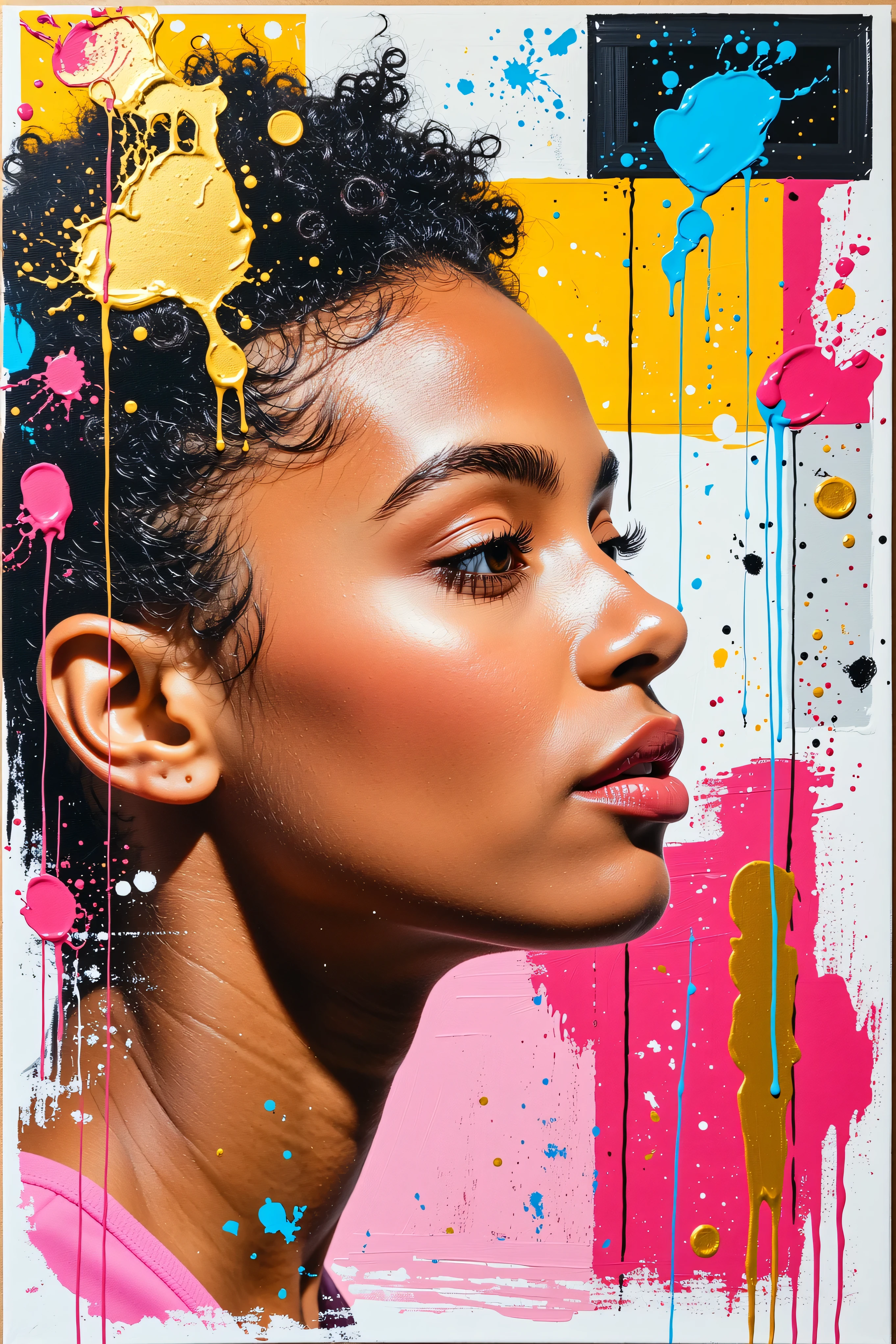 A graffiti of a drawing of a full-bodied black woman,long cascading braids, wearing black shiny leather open jumpsuit, pink,blue,yellow paint splatter background