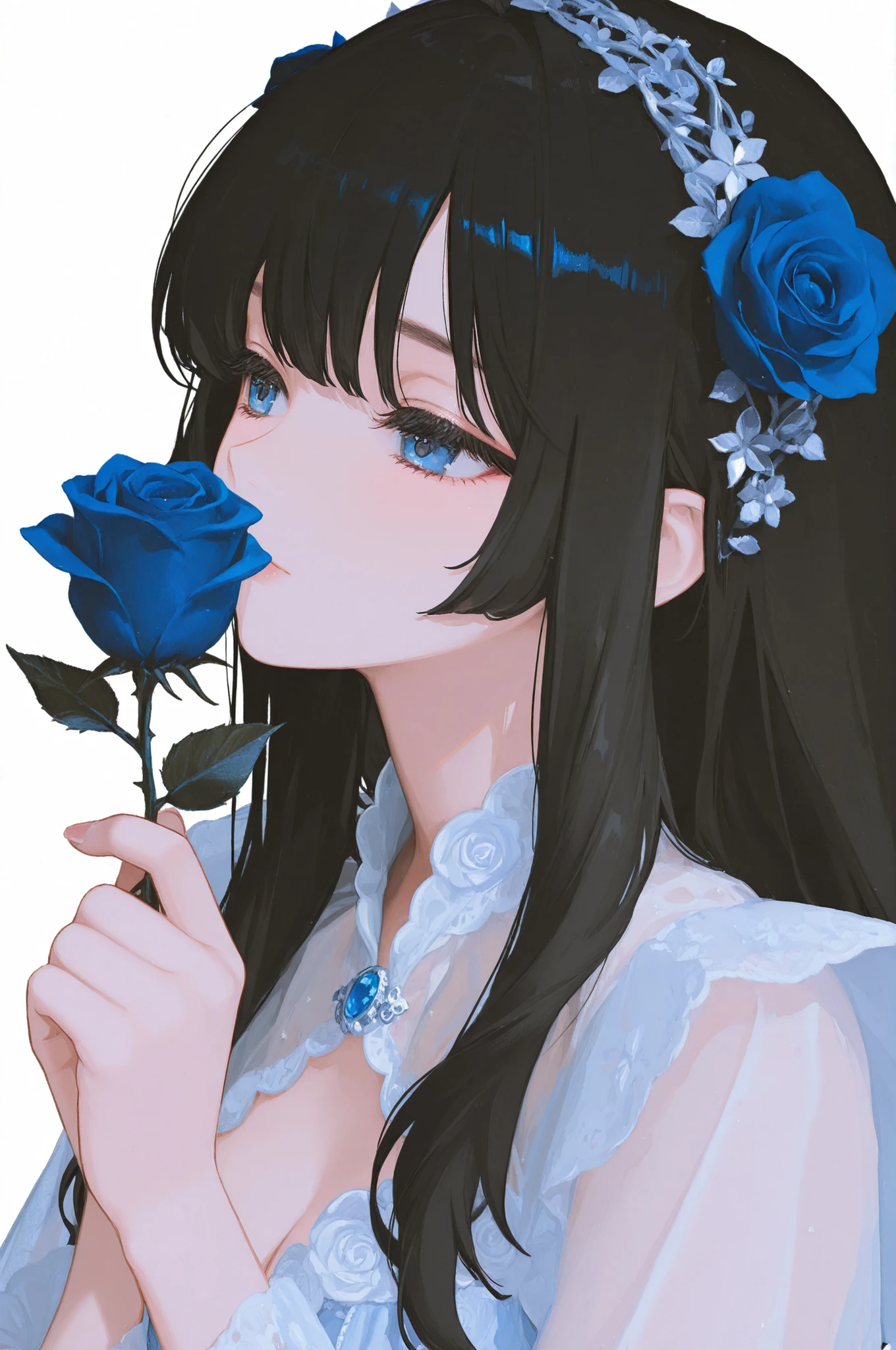 a girl, long hair, hime style, best quality, masterpiece, best quality, extremely detailed, transparent background, hair flower(rose), chromatic abbreviation, black hair, holding, blue eyes, blue rose, ,hirajuku fashion,,pastel style