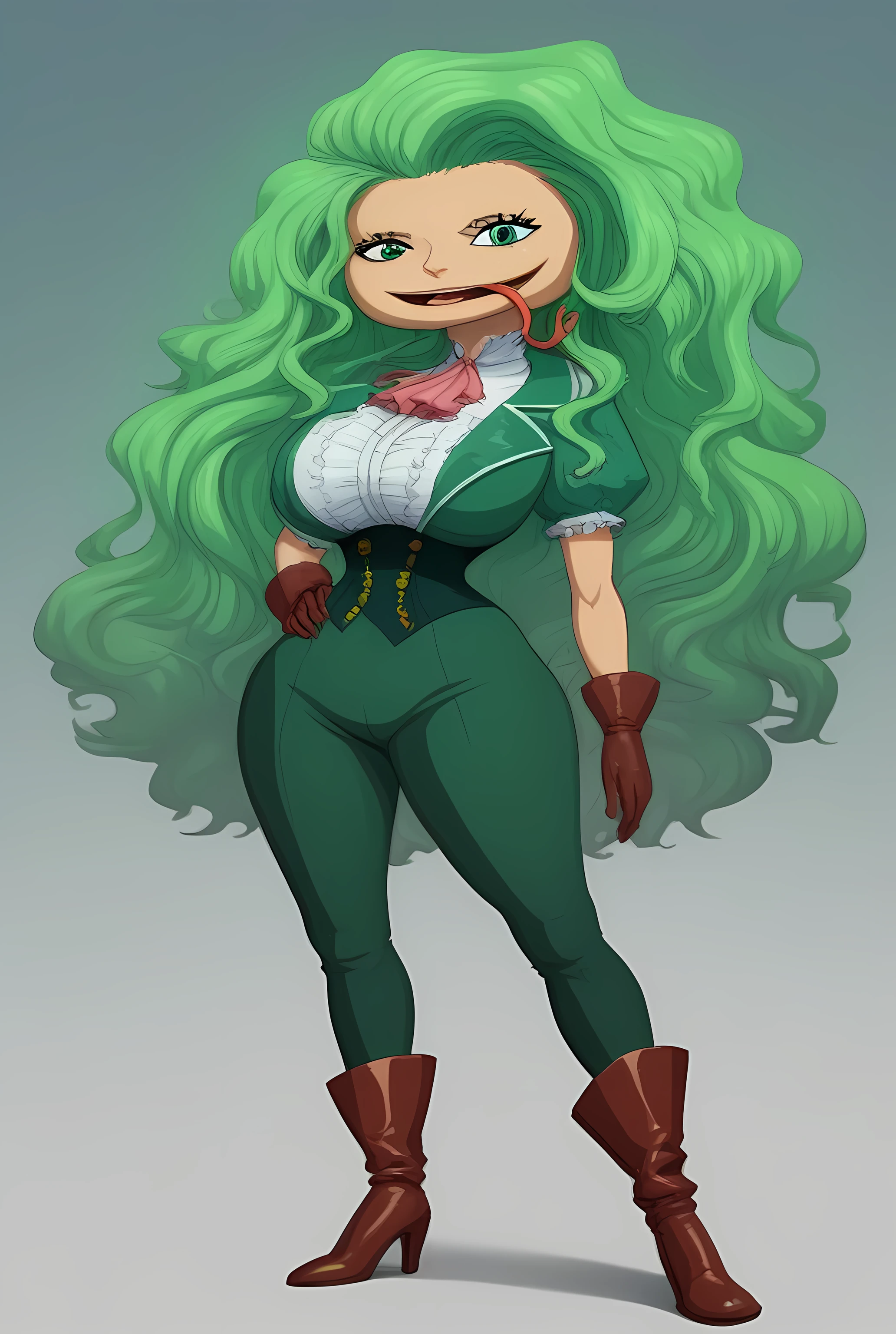 score_9 , score_8_up , score_7_up , masterpiece , best quality , highly detailed, BoaSandersoniaOP, 1girl, solo, tall woman, disproportionately large head, wide head, green hair, long hair, wavy hair, green eyes, wide mouth, long forked tongue, tongue out, huge boobs, big busty boobs, large breast, jacket, gloves, corset, blouse, ascot, frills, pants, puffy sleeves, buttons, hips, high heel boots,r1d3r, top hat, frills