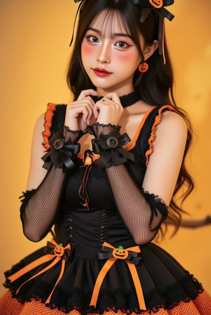 ((Best quality)), ((masterpiece)), (detailed) depiction of a captivating girl walking through the bustling streets of Harajuku on Halloween night, clad in a delightfully creepy costume adorned with an array of Halloween ornaments:1.4. She wears a white shirt and black skirt, the perfect canvas for her imaginative ensemble. Her hair is a mesmerizing display of iridescent rainbow colors, glowing with an otherworldly allure. A hair ornament adds an extra touch of whimsy and playfulness to her look. In one hand, she holds a bag eagerly awaiting a bounty of candy, while in the other hand, she cradles a creepy teddy bear, perfectly matching the theme of the occasion. The atmosphere is alive with excitement, as fireworks burst in the sky, casting a vibrant array of colors and adding a touch of magic to the scene. Bokeh lights shimmer in the background, creating a dreamlike ambiance that accentuates the girl's ethereal presence. The city crowd provides a lively and dynamic backdrop, with their blurred figures adding a sense of energy and movement to the composition. Every detail, from the intricate Halloween ornaments to the hyper-detailed rendering of the girl's costume and hair, is meticulously crafted to create a visually stunning image. The overall result is a celebration of the girl's unique style, the vibrant atmosphere of Harajuku, and the enchanting spirit of Halloween, hyper realistic, intricate design, insanely detailed, extremely fine details, Extremely sharp lines, cinematic lighting, Photo realistic, a detailed painting by Esao Andrews and Anton Fadeev, Raw photo, high detailed, 8k, UHD, dslr, softlighting, HDR, warm light, high quality, film grain, fujifilm XT3, photorealistic, masterpiece, best quality, hyper-detailed, 8K, warm lighting, soft lighting, masterpiece, best quality, detailed, highest quality, ultra detailed, highres, cinematic light, splendid and colorful, out of focus, RAW photograph, art portrait, absurdres, high contrast, colorful, highest det