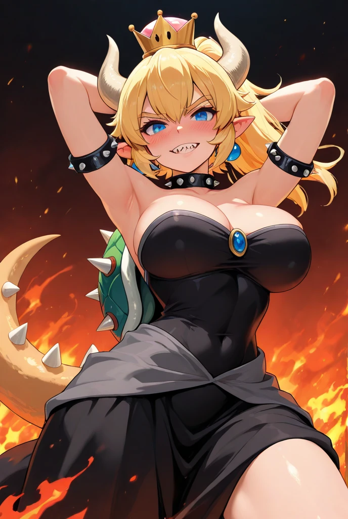 best quality, high resolution, ?????????????, blonde hair, blush, embarrassed, cowboy shot, looking at viewer, bowsette, pink lip, (into the volcano), (bathing in lava), ???? legs, black lingerie, (((????????????????))), (((oiled body)))