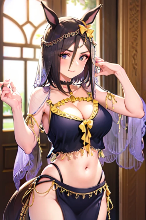 #Basics A girl is posing for a photo, animeのかわいい女の子, (((One Girl, Baby Face, Young girl, 16 years old))), 
BREAK 

#Clothing Accessories 
(((Purple on black)Tribal style with gold decorations(Sheer, see-through harem pants)Dance Costumes:1.6) + Sheer black elbow gloves with plenty of gold embellishment + Black face veil + Black veil + Black high heels with gold embellishments + Gold Tiara), ((Gold Fancy Bracelets, Gold Hoop Earrings, Fancy Gold Necklace)), ((Black collar)), 
BREAK 

#Features 
((Black Hair:1.4), (Blunt bob cut:1.4)), 
(Droopy eyes,blue eyes), (Small ???????),  
BREAK 

#background environment 
((A dance stage illuminated by spotlights:1.4)), 
#Facial Expression Pose
((Wicked Smile), (She is dancing a dynamic and seductive dance.)), 
#composition 
((Face the camera, Angle from the front, whole body:1.4)), 
BREAK 

#Body parts elements 
(Detailed hair, Beautiful Hair, Shiny Hair), 
(double eyelid, Long eyelashes), 
(Expression of fine eyes, Beautiful and delicate eyes, Sparkling eyes, Eye Reflexes, Glitter Eyeliner), 
(Human Ear), 
(Beautiful Nose, Thin Nose), 
(Glossy lips, Beautiful Lips, Thick lips, Glossy Lips, Natural Cheeks), 
(Detailed face, Symmetrical facial features), 
(Detailed skin, Textured skin, Beautiful Skin, Shiny skin), 
BREAK 

#Quality 
(((Highest quality)), ((masterpiece)), ((Very detailed))), ((High resolution), (16K,1080P)), 
(Realistic), (Anatomically correct), 
((comics, anime)), (3DCG), CG illustration,
