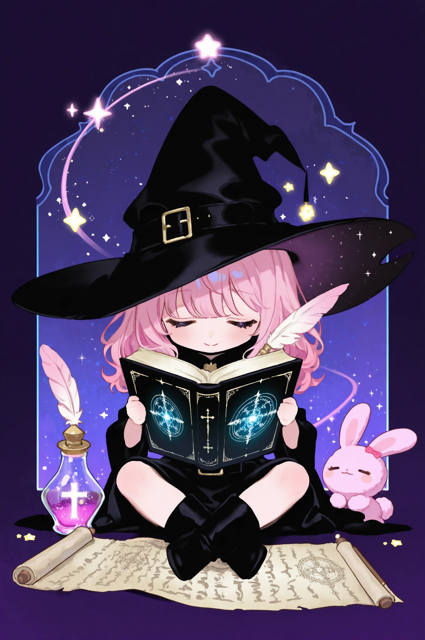 A cute chibi-style witch with long, pastel pink hair and closed eyes, sitting cross-legged on a dark purple background. She is wearing a large, floppy black witch hat adorned with a pink star and buckle, with magical sparkles and stars swirling around her. She holds an open black book with glowing pages, and there are small, adorable objects around her, including a tiny pink bunny plush, a potion bottle, a rolled scroll, and a quill. The scene is whimsical and magical, with soft pastel accents and a dreamy atmosphere.