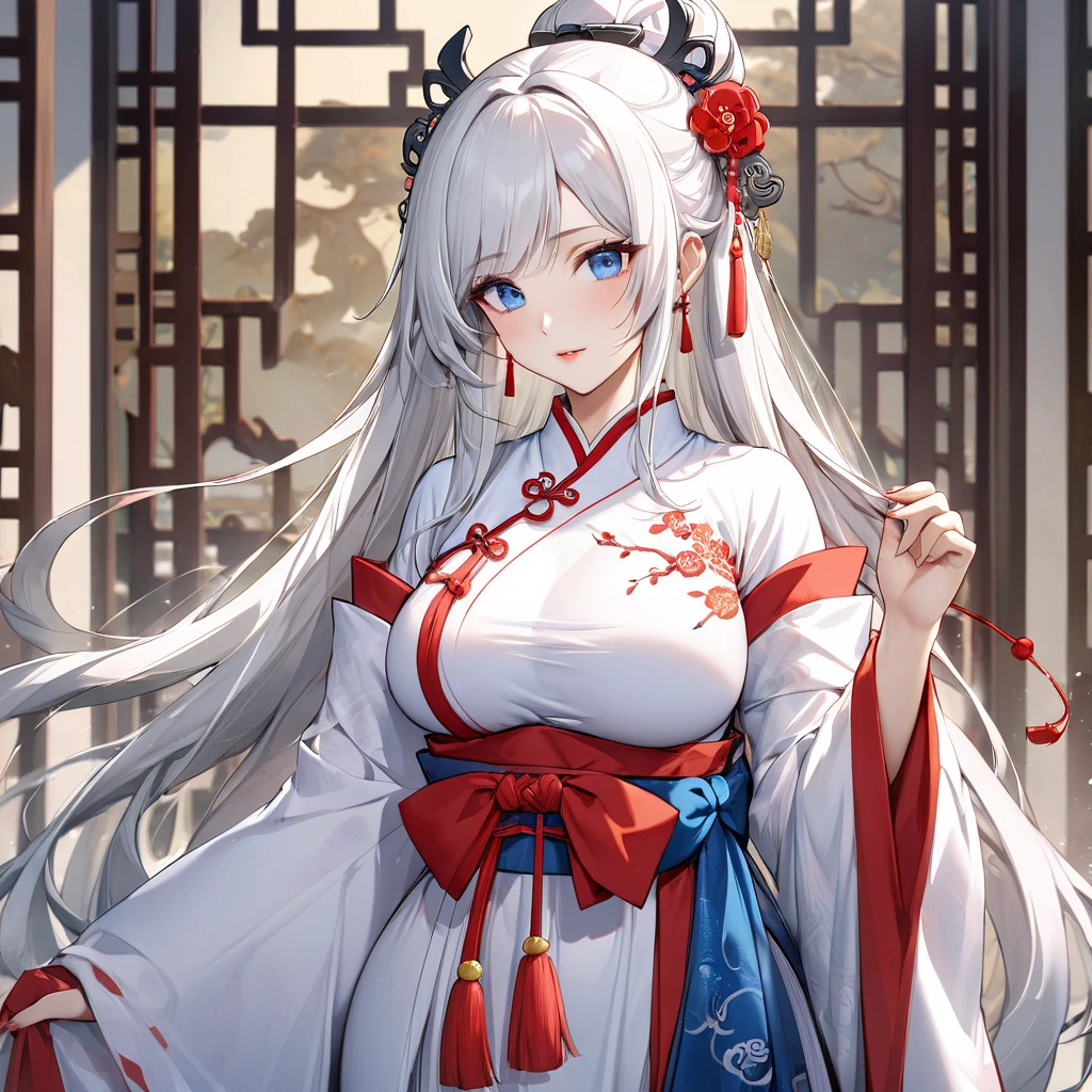tmasterpiece, Best quality at best, 1个Giant Breast Girl, Alone, long whitr hair, looking at viewert, ssmile, By bangs, hair adornments, red eyes, longer sleeves, a skirt, Permanent, 鎖骨, White hair, with gray hair, alternate costume, Wide sleeves, The tree, Chinese clothes, hairpin, Hanfu, Ningguang (genshin impact), Ningguang,